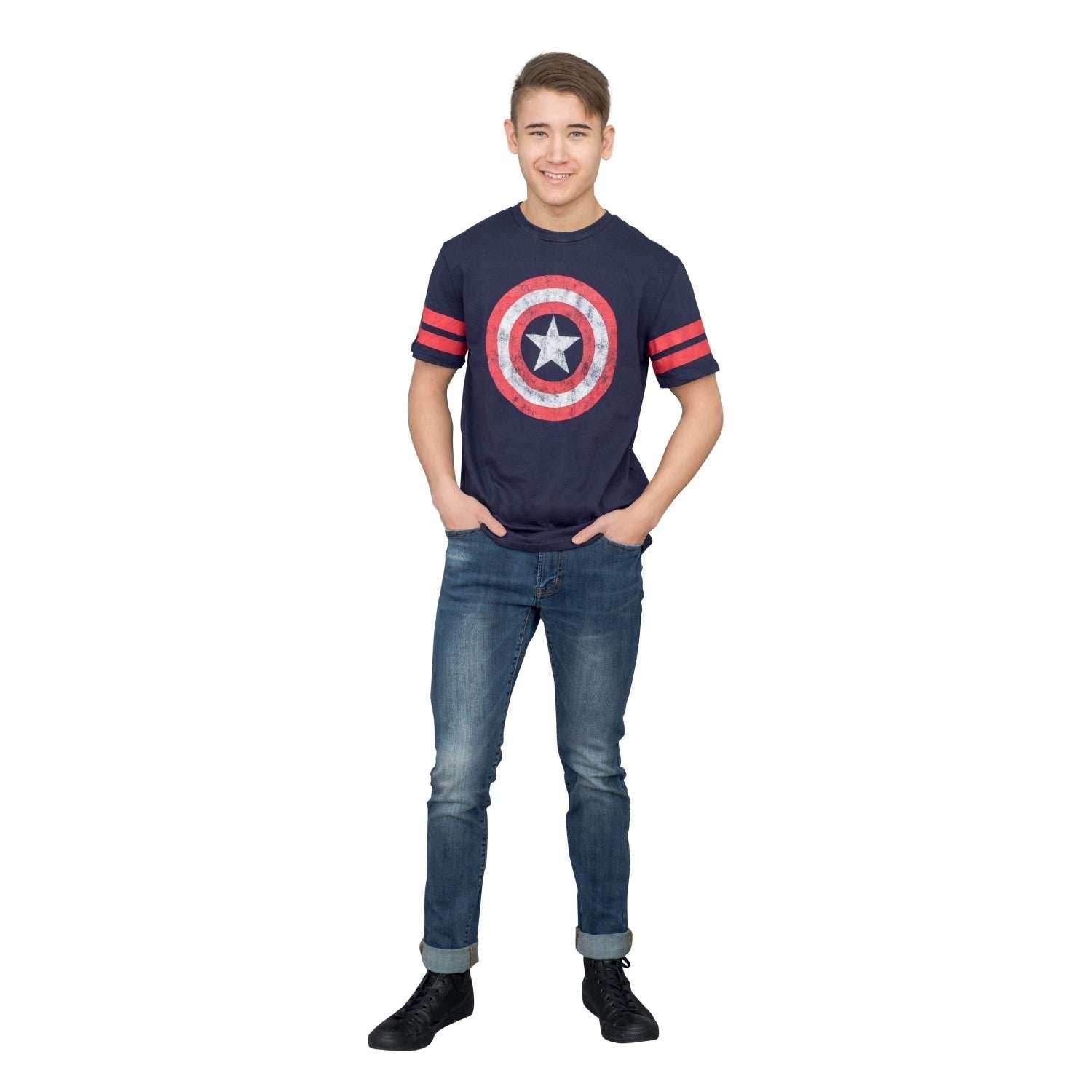 Captain America Distressed Shield Striped Sleeves T-shirt - S