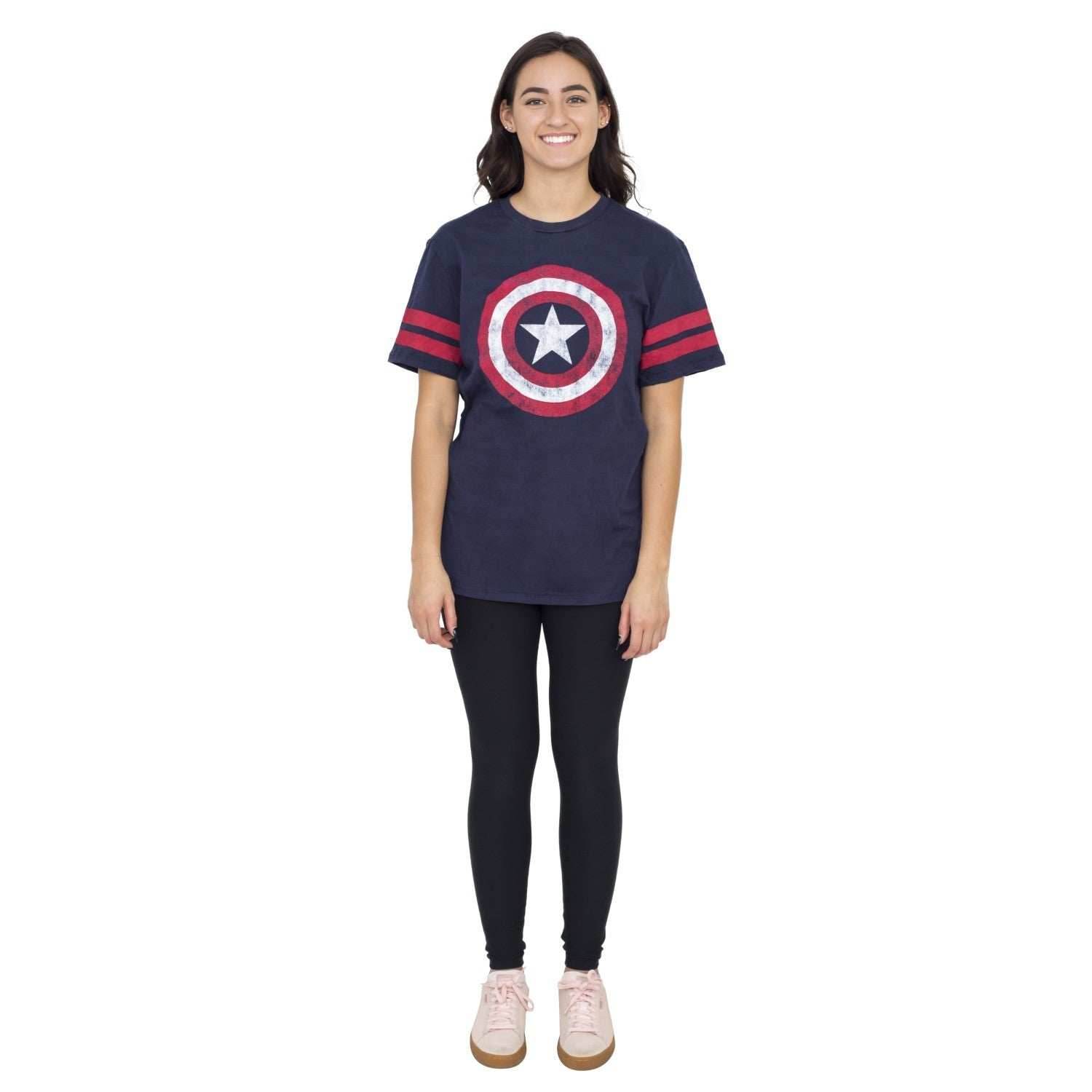 Captain America Distressed Shield Striped Sleeves T-shirt - S