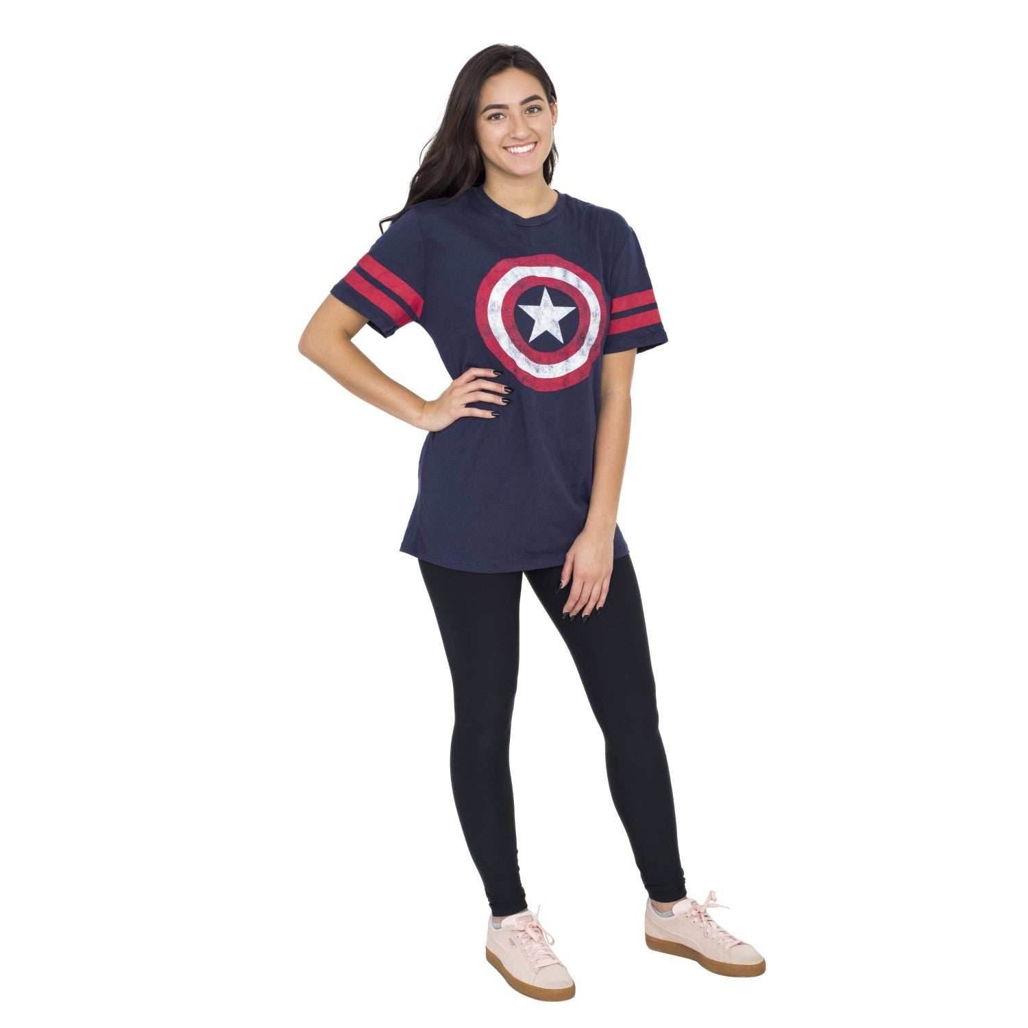 Captain America Distressed Shield Striped Sleeves T-shirt - S