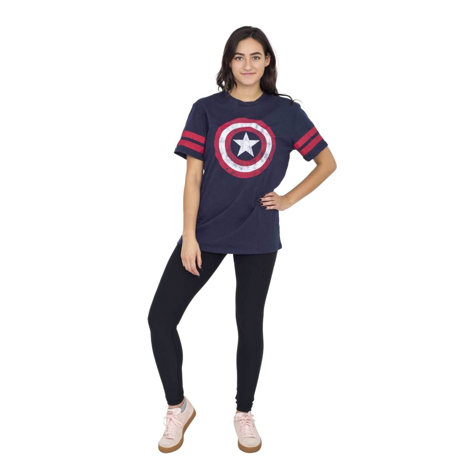 Captain America Distressed Shield Striped Sleeves T-shirt - S