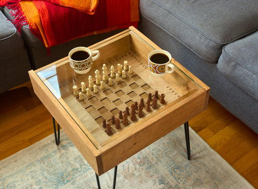 Rustic Chess and Checkers Table with removable glass top - chess and checkers pieces included - 