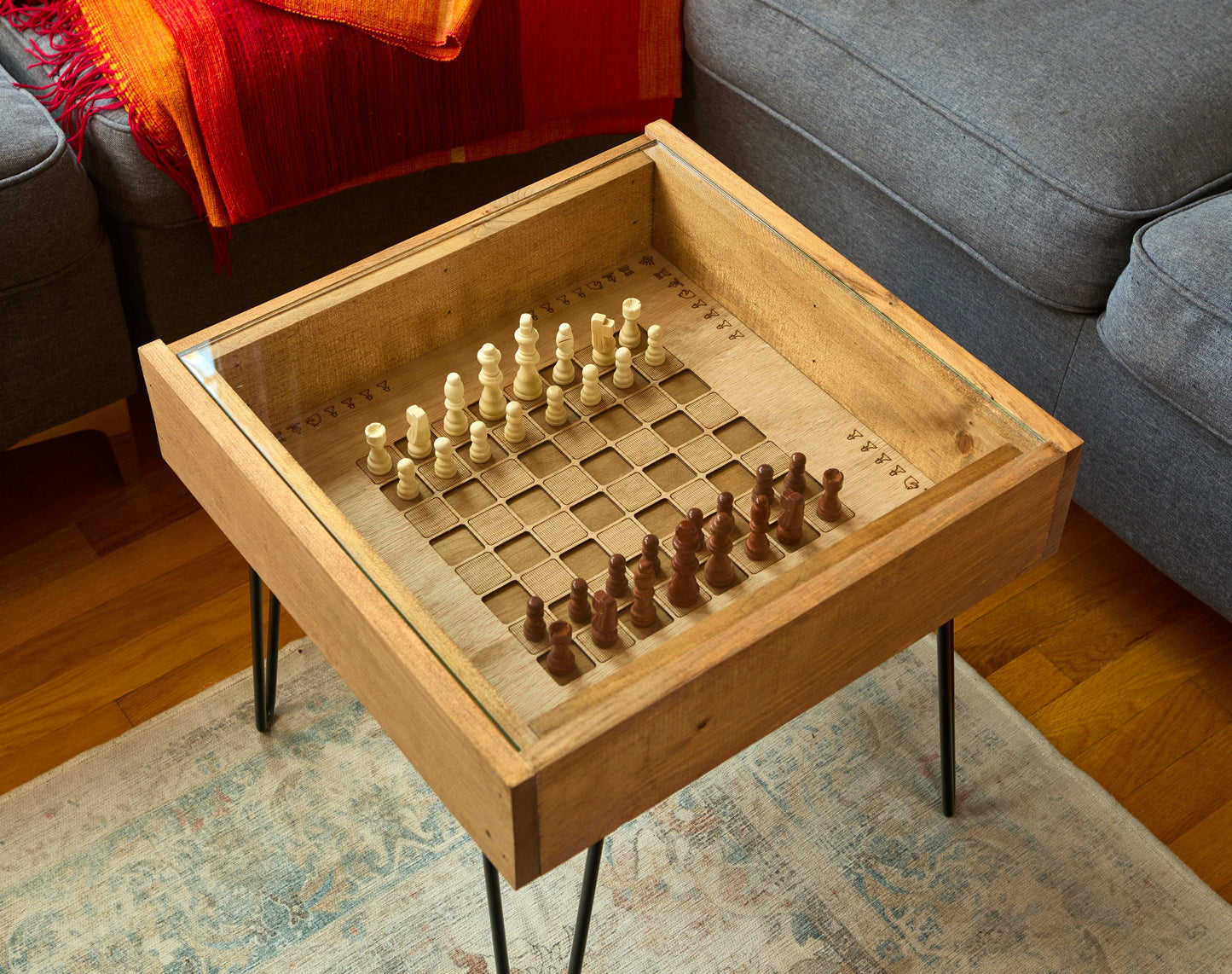 Rustic Chess and Checkers Table with removable glass top - chess and checkers pieces included - 