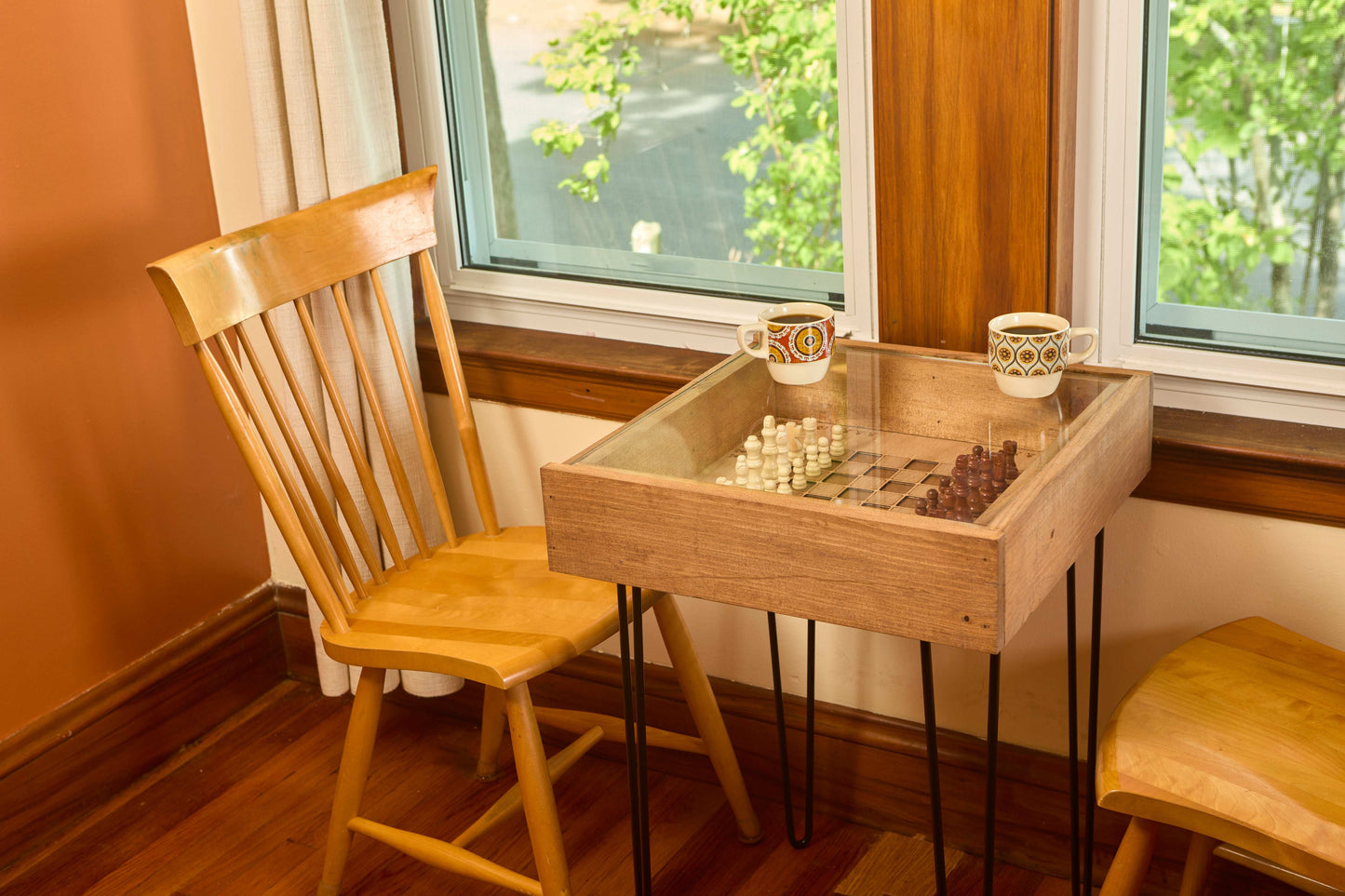 Rustic Chess and Checkers Table with removable glass top - chess and checkers pieces included - 