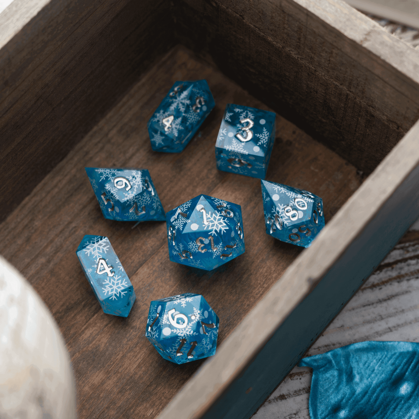 Christmas Blue Snowflake Handmade Resin DND Dice Set - 