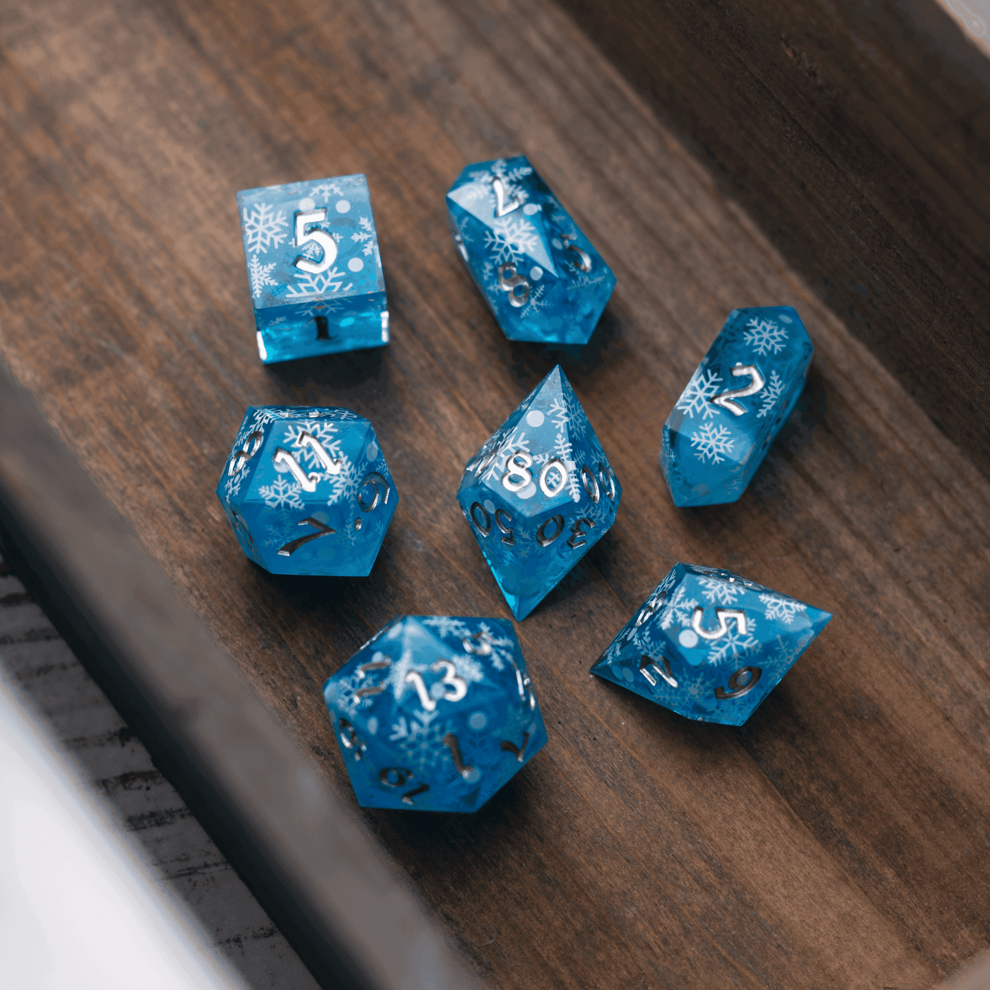 Christmas Blue Snowflake Handmade Resin DND Dice Set - 