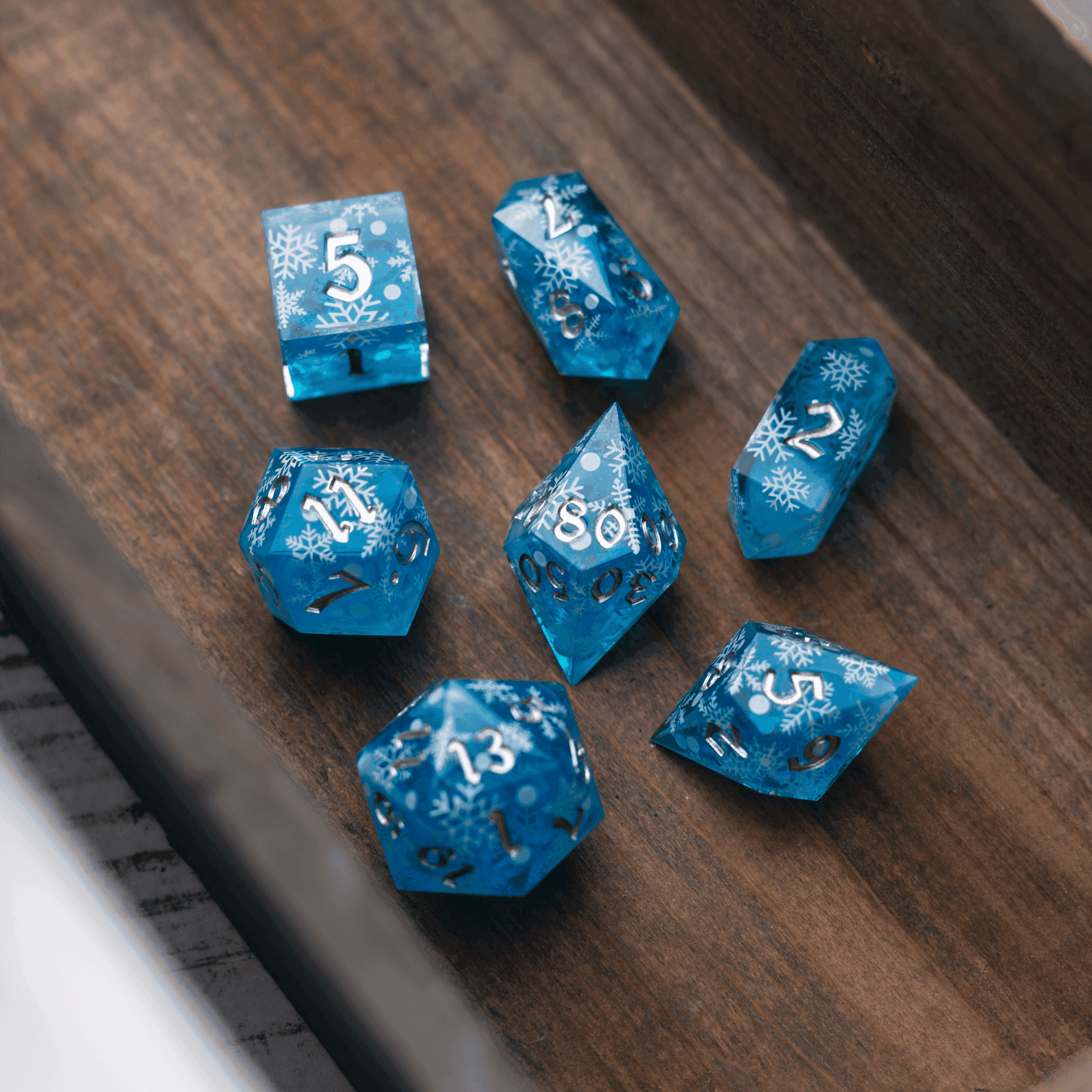 Christmas Blue Snowflake Handmade Resin DND Dice Set - 