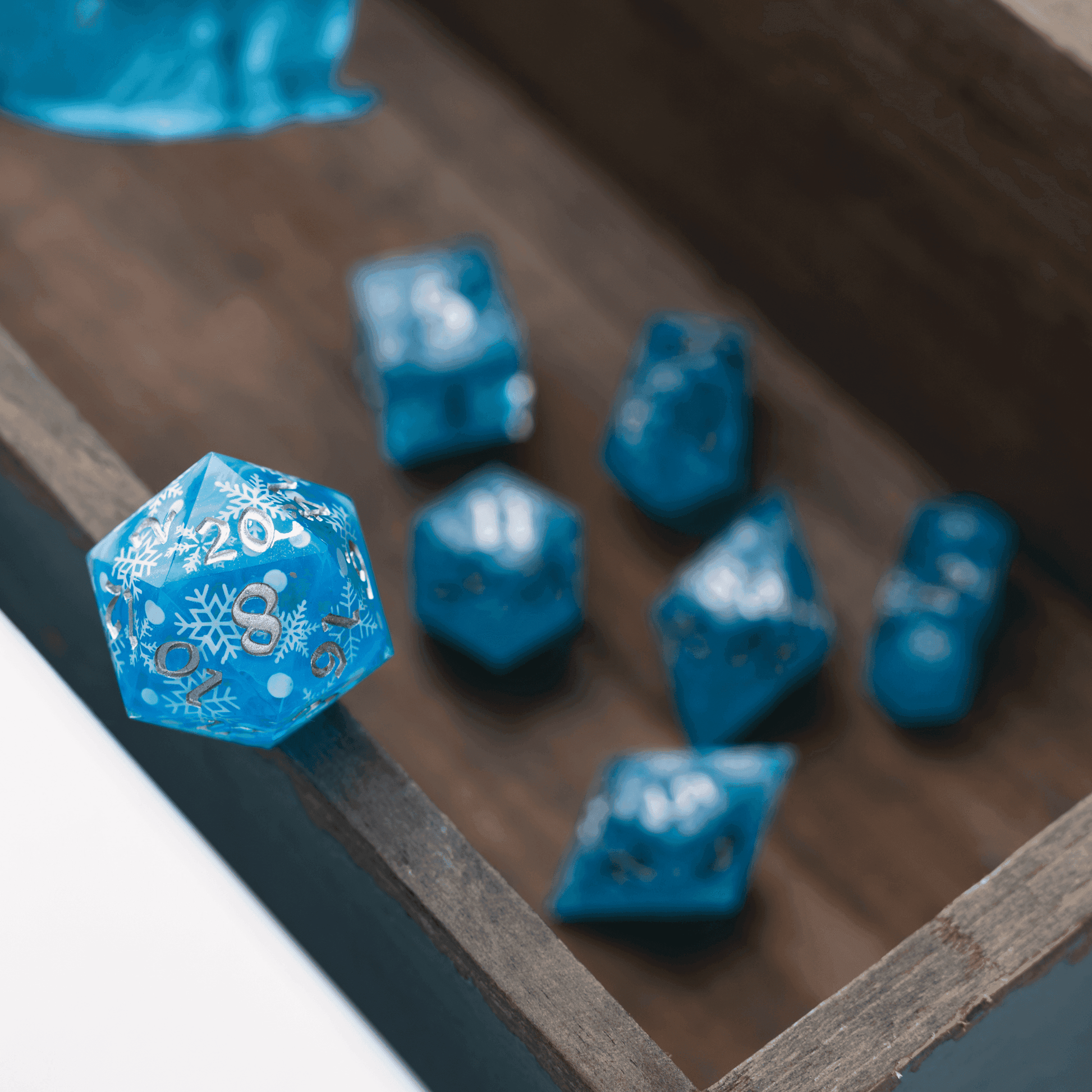 Christmas Blue Snowflake Handmade Resin DND Dice Set - 