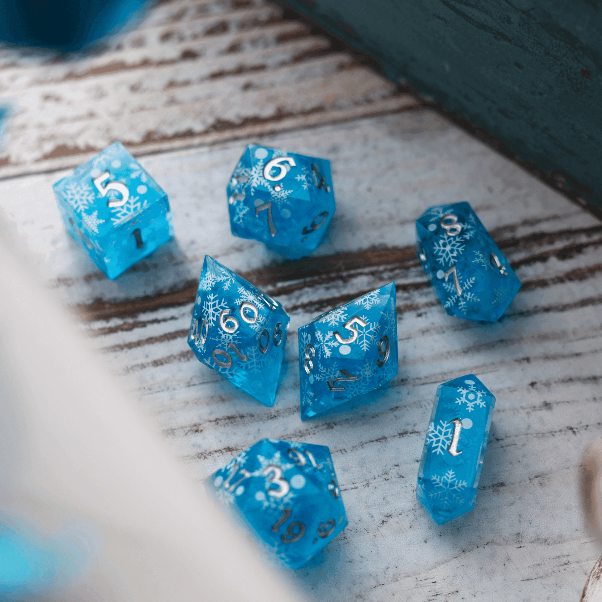 Christmas Blue Snowflake Handmade Resin DND Dice Set - 