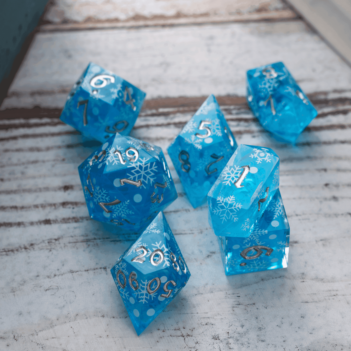 Christmas Blue Snowflake Handmade Resin DND Dice Set - 