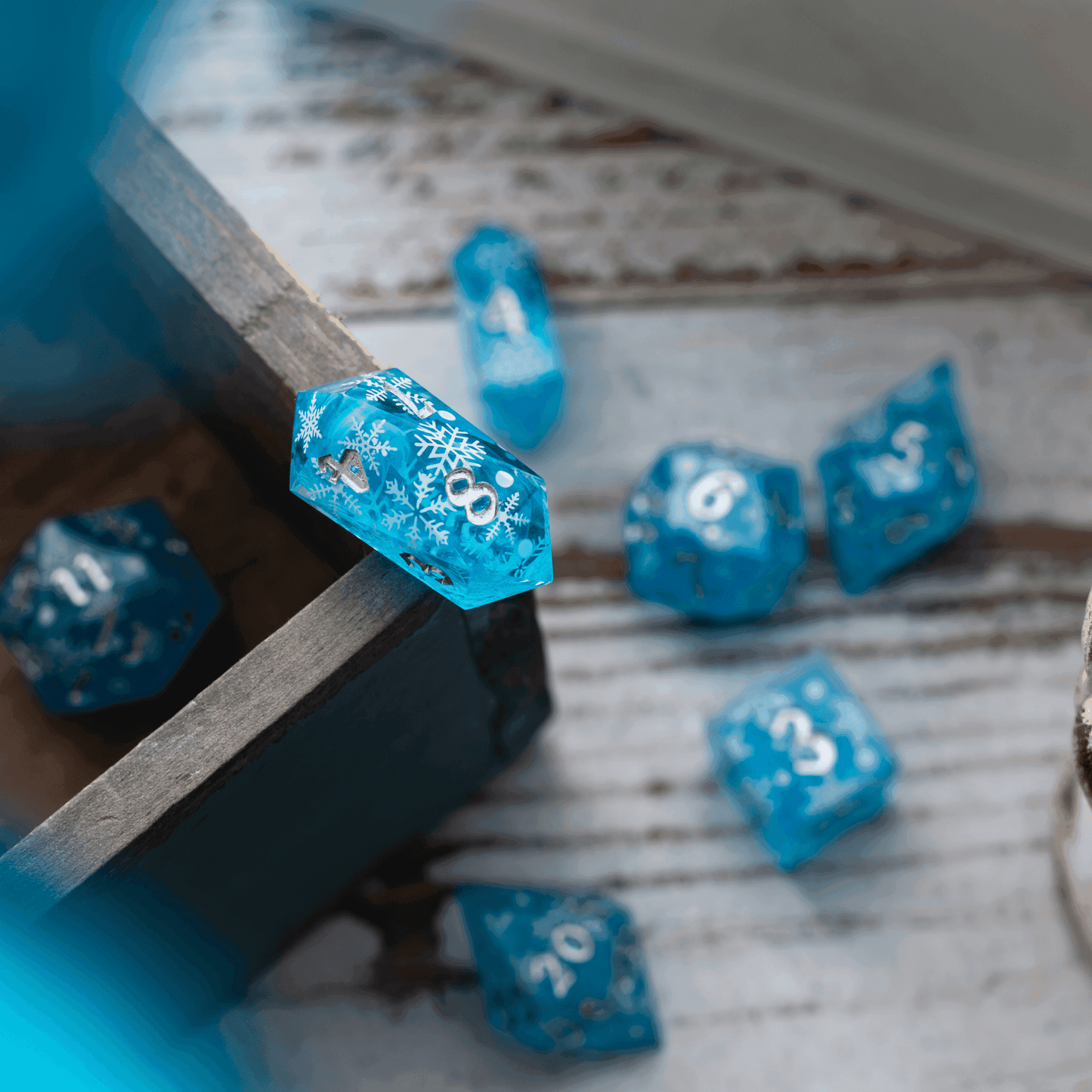 Christmas Blue Snowflake Handmade Resin DND Dice Set - 