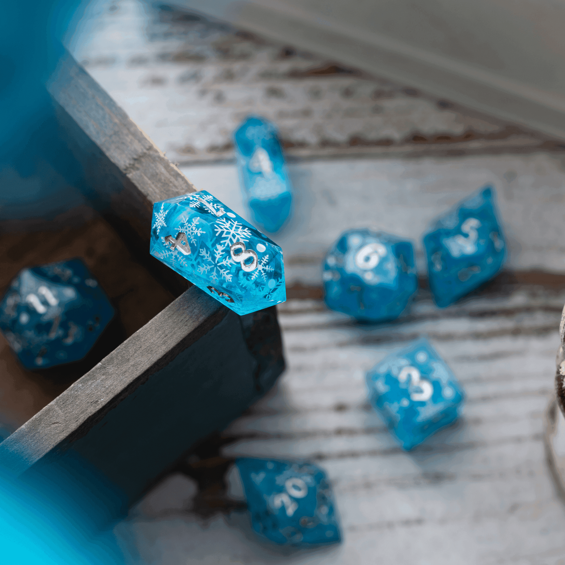 Christmas Blue Snowflake Handmade Resin DND Dice Set - 