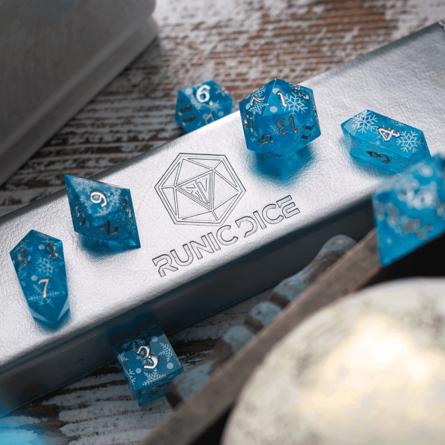 Christmas Blue Snowflake Handmade Resin DND Dice Set - 