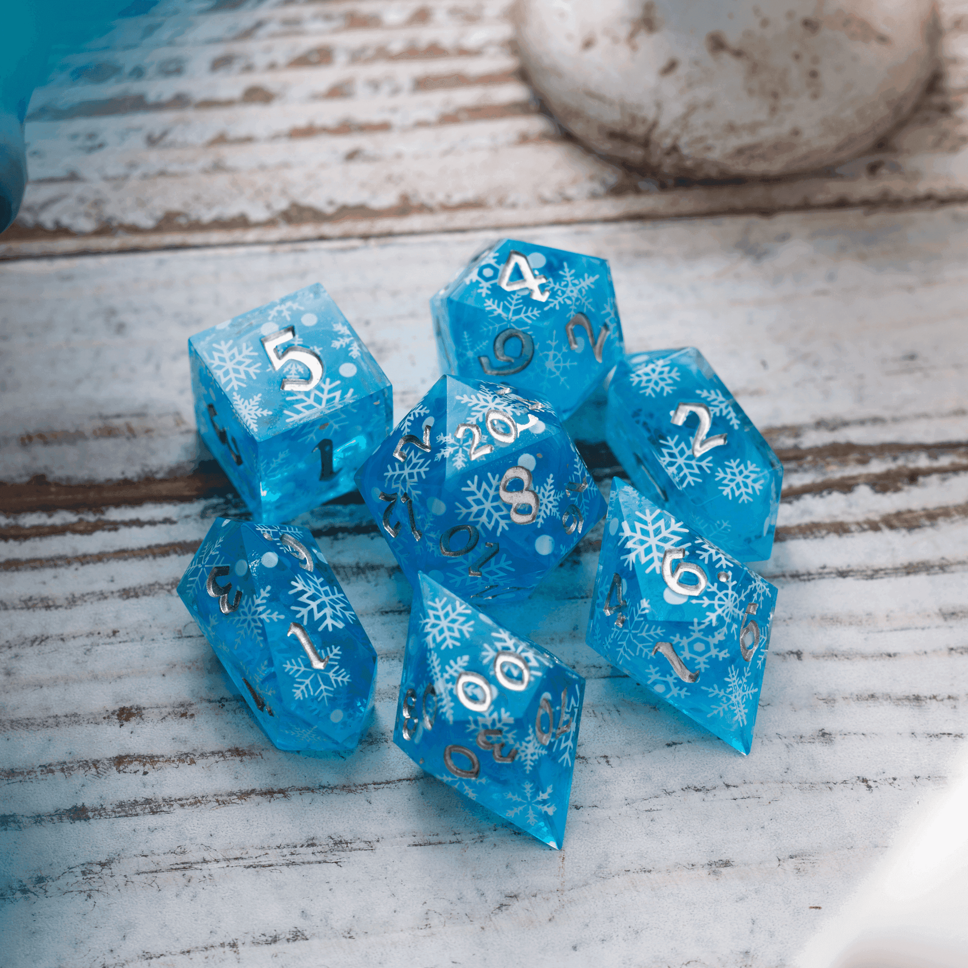 Christmas Blue Snowflake Handmade Resin DND Dice Set - 