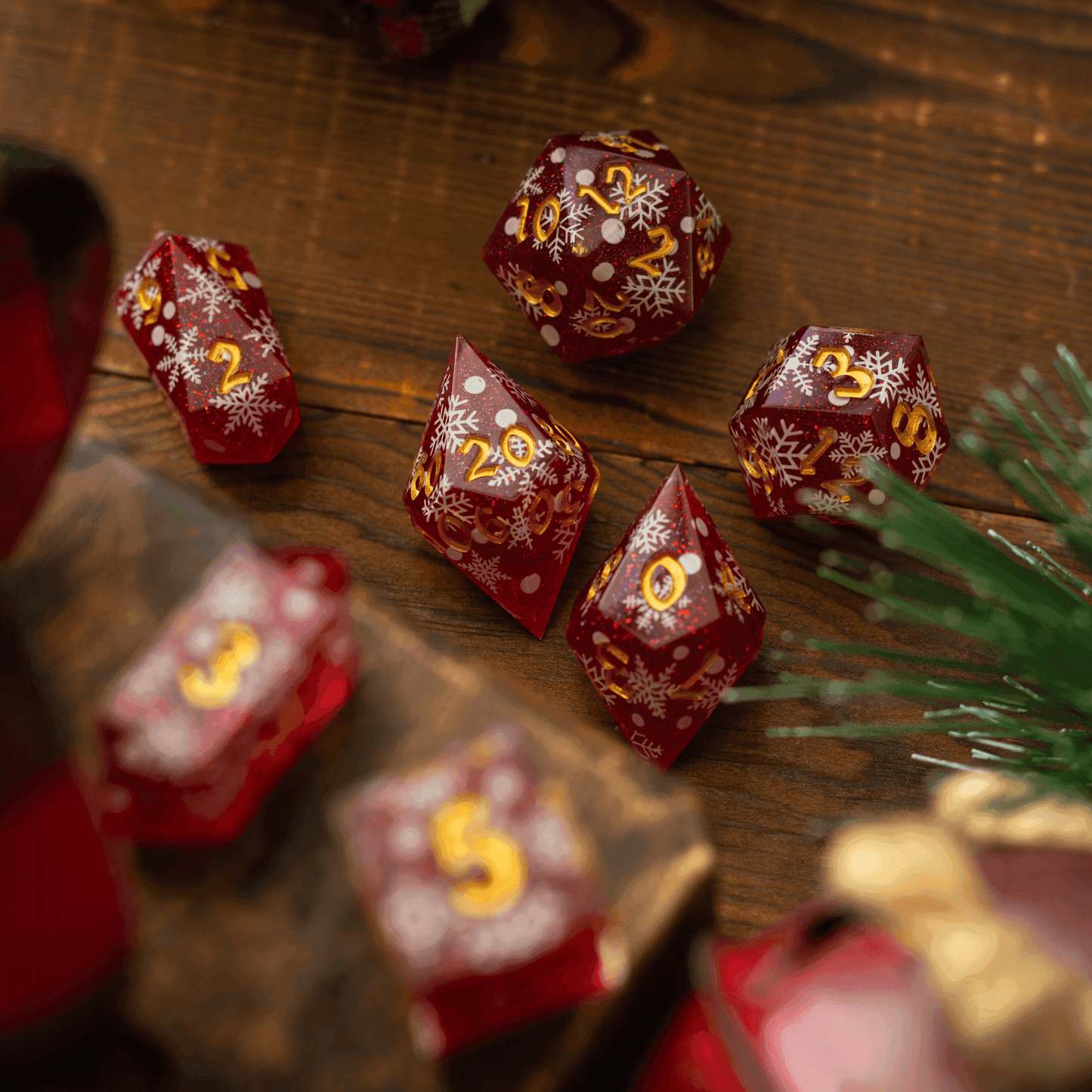 Christmas Red Snowflake Handmade Resin DND Dice Set - 