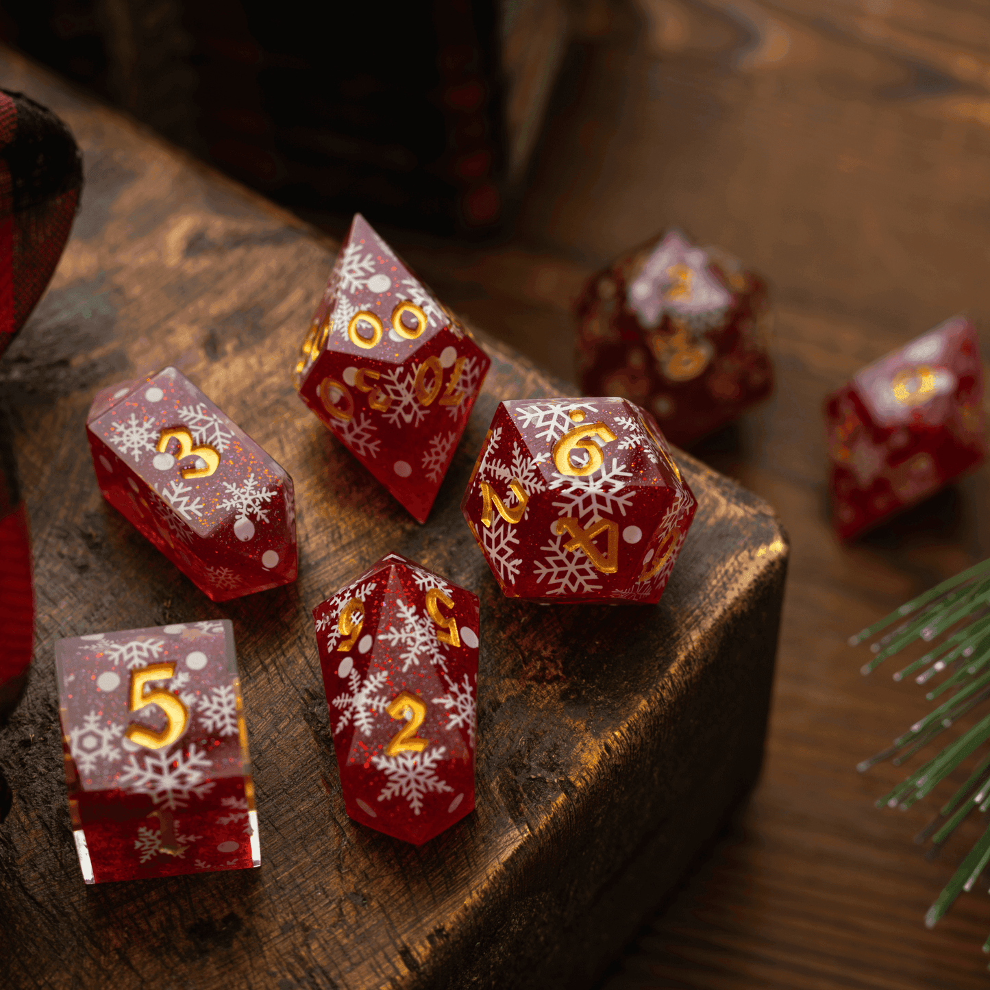 Christmas Red Snowflake Handmade Resin DND Dice Set - 