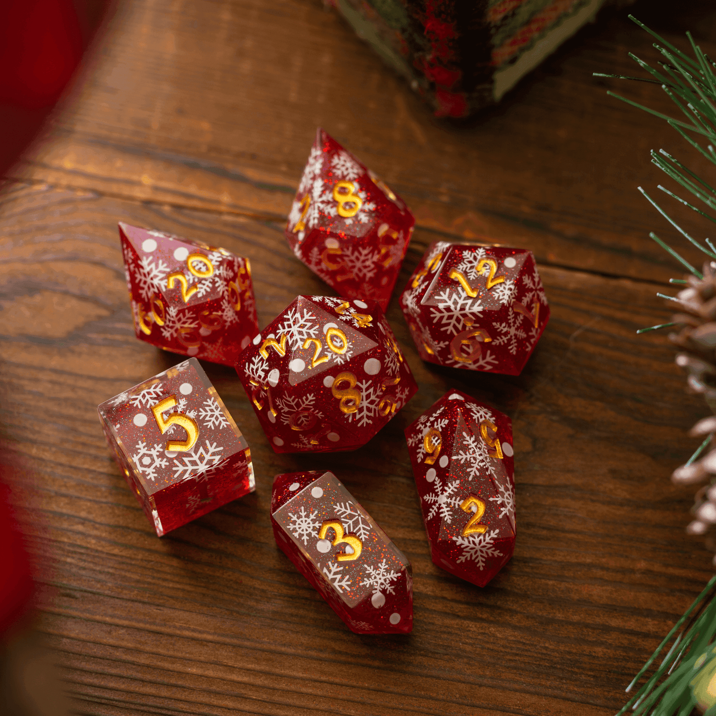 Christmas Red Snowflake Handmade Resin DND Dice Set - 