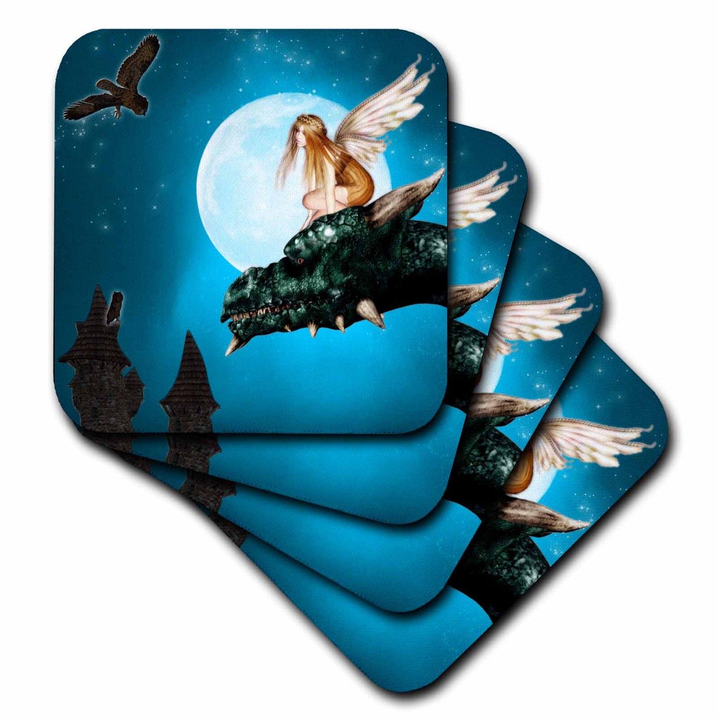 3dRose Renderly Yours Fairies - Fairy Dragon Fantasy with Moon and Owls - Coasters (cst_25967)