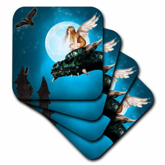 3dRose Renderly Yours Fairies - Fairy Dragon Fantasy with Moon and Owls - Coasters (cst_25967)