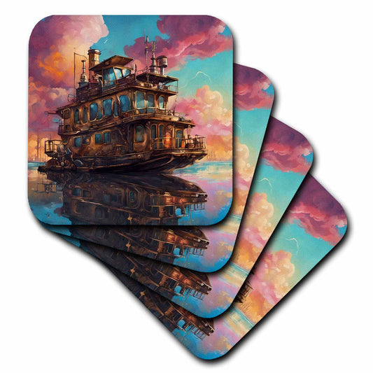 3dRose Cassie Peters Digital Art - Steampunk Fantasy Houseboat - Coasters (cst-385419)