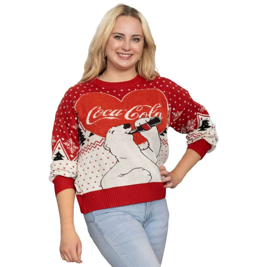 Coca Cola Heart Polar Bear Drinking Sweater - S