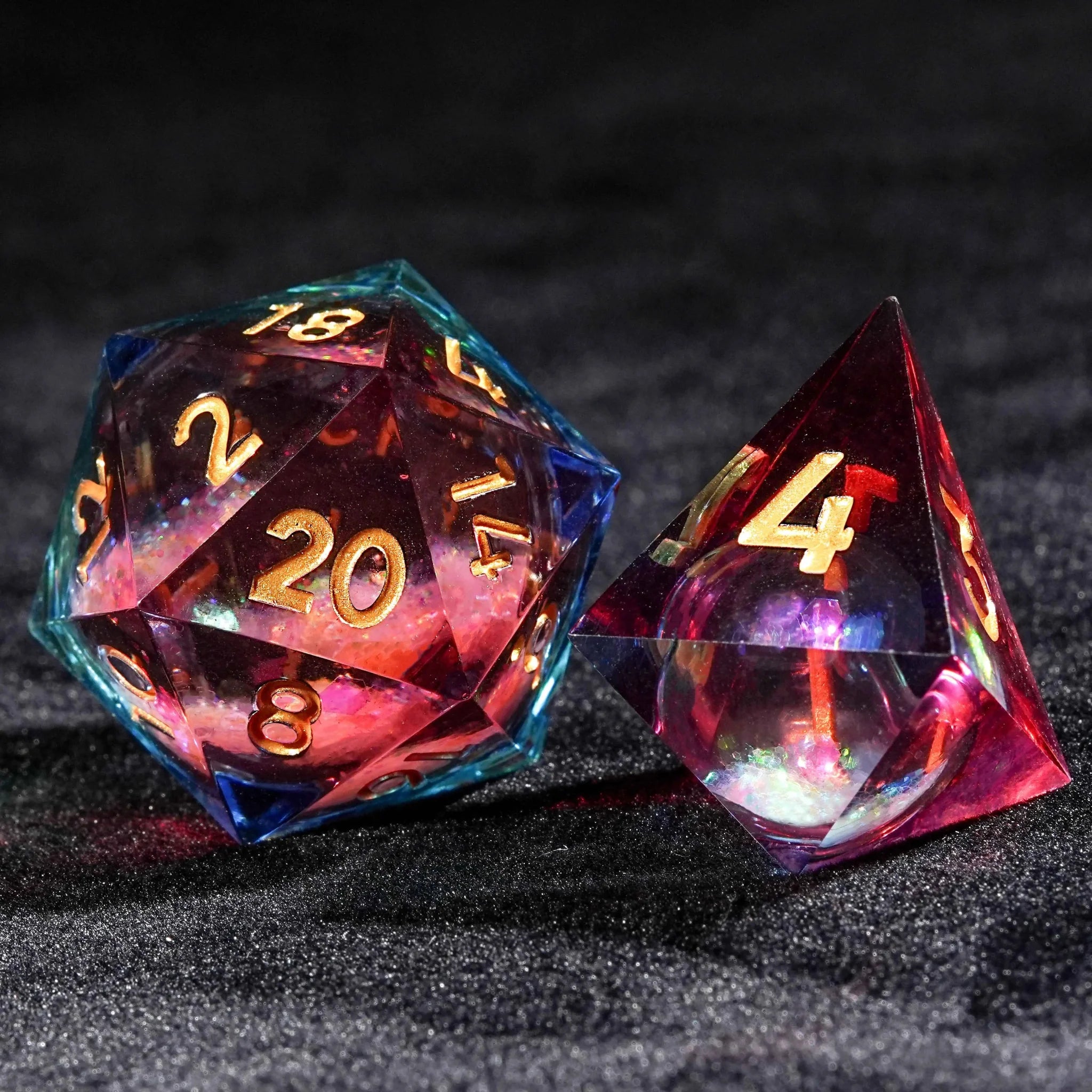 Colorful Glitter Core Quicksand Resin DND Dice Set + Gold Font