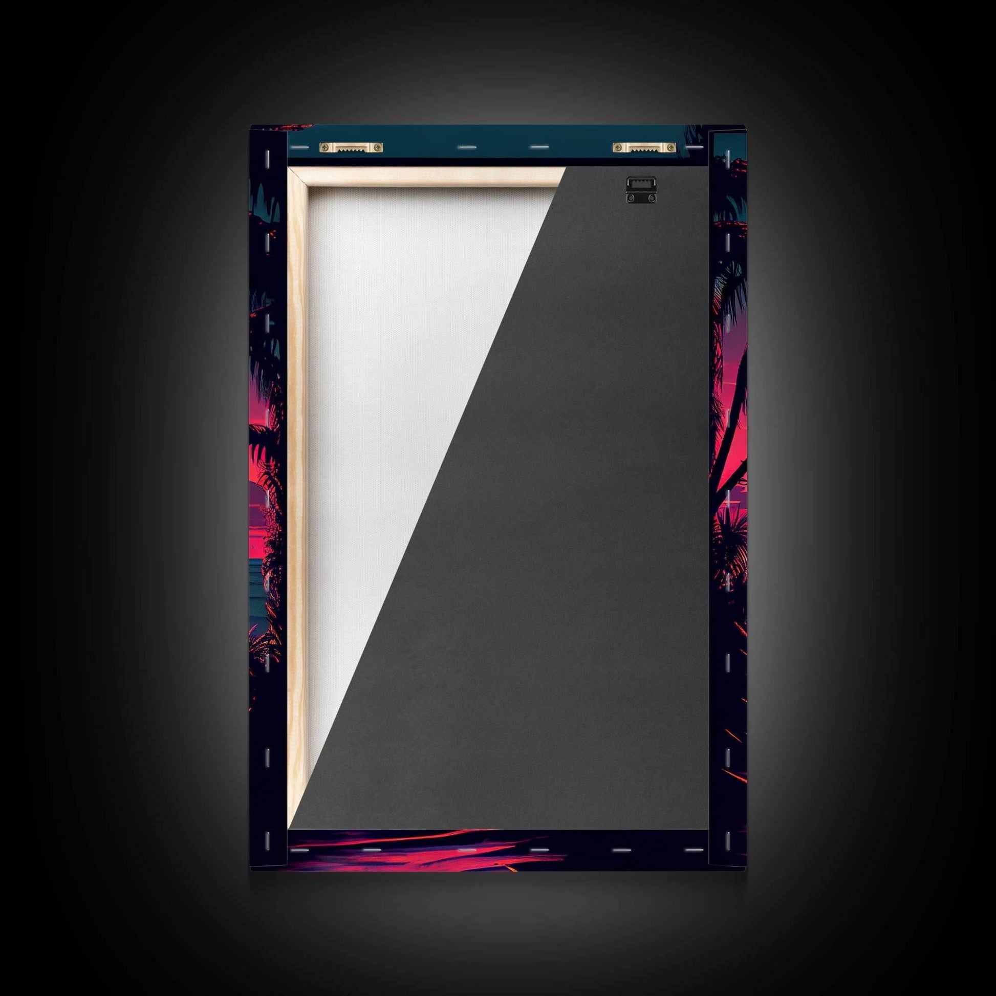 8 bit pixel art sunset, synthwave style palm tree beach, framed canvas print, framed wall art painting - 8x12 Inches / Gallery Wrap Canvas - Ready To Hang