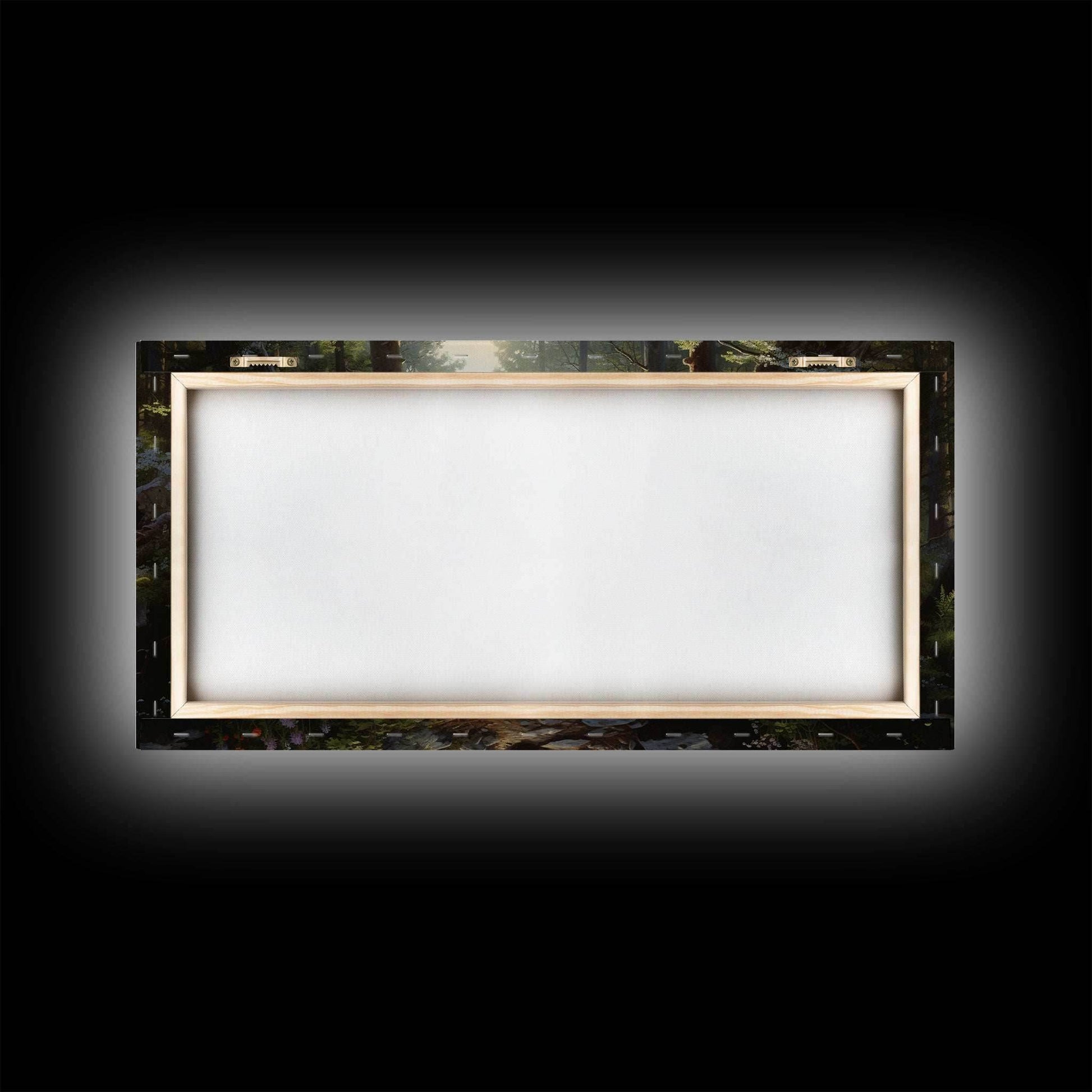 SlightlyScorched Framed Canvas Print Emerald Green Fantasy Forest, Mountain Forest Lake Landscape Minimalist Modern Art Nature Wall Decor - 10x20 Inches / Gallery Wrap Canvas - Ready To Hang