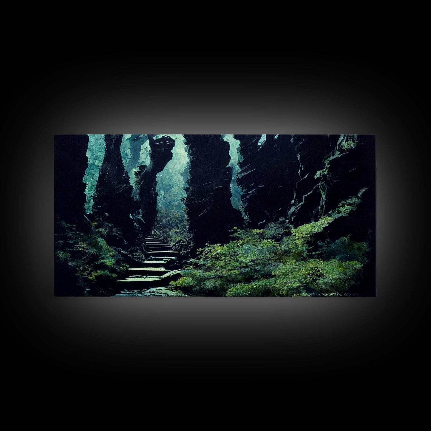 Fantasy Forest with Temple Steps, Wall Decor, Ready To Hang Framed Canvas Print, Oversize Wall Art - 10x20 Inches / Gallery Wrap Canvas - Ready To Hang