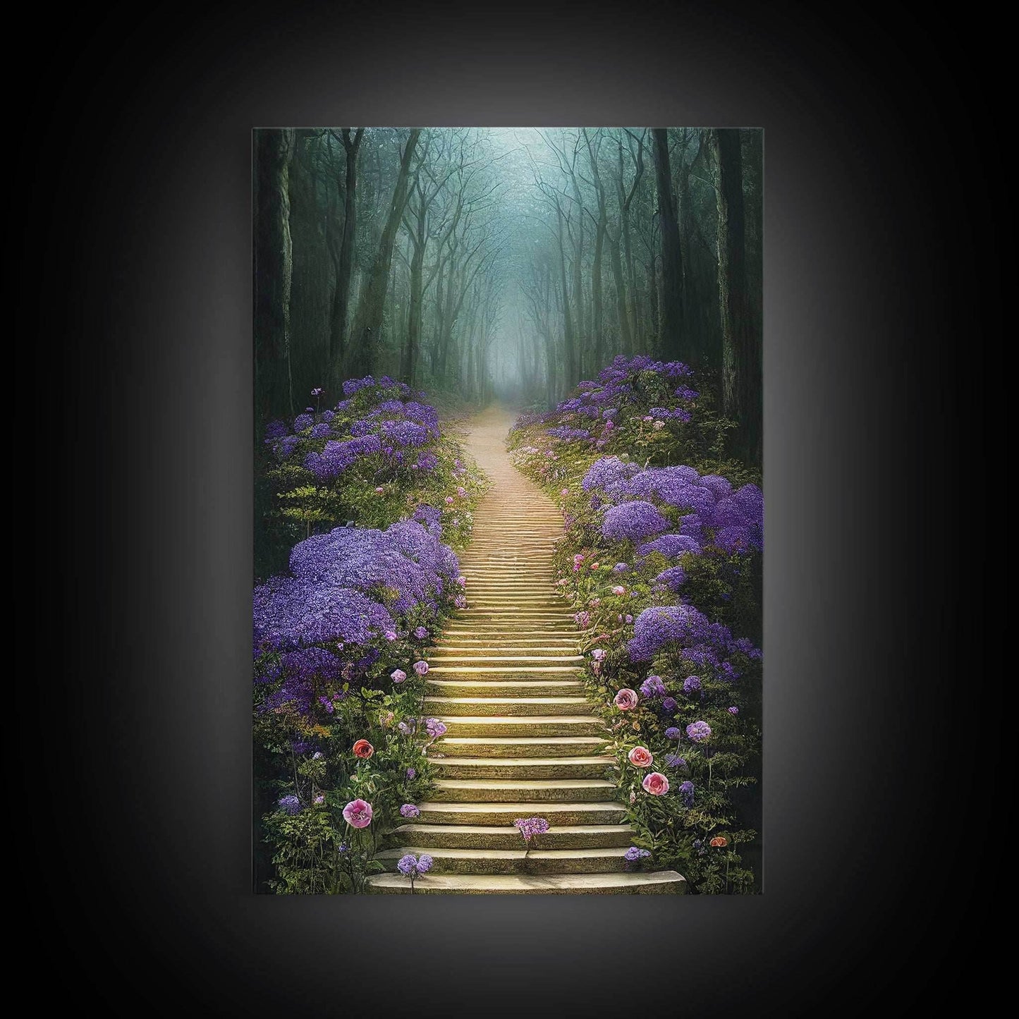 Lavender Lined Stairs Leading To The Haunted Forest, Fantasy Wall Art, framed canvas print, framed art - 8x12 Inches / Gallery Wrap Canvas - Ready To Hang