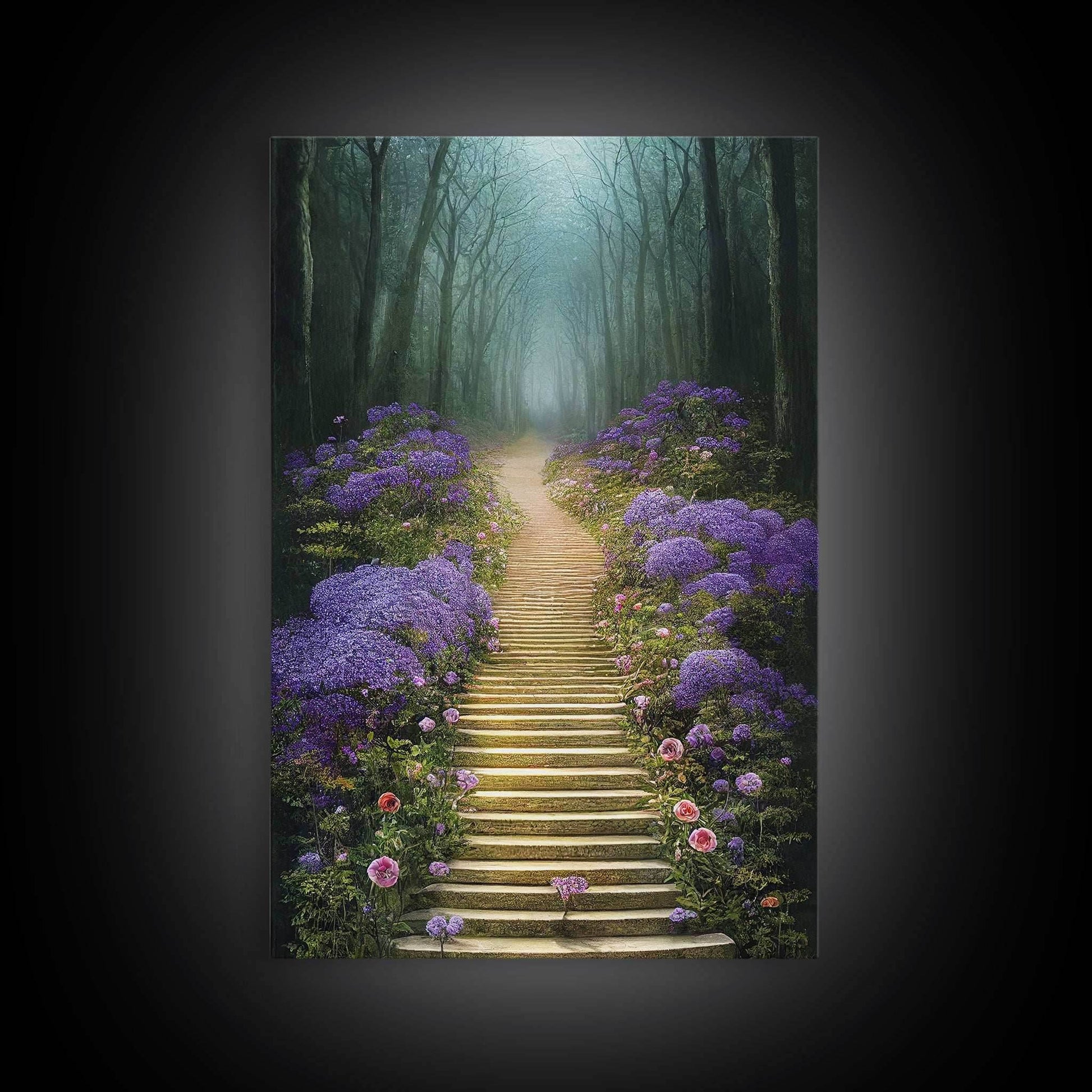 Lavender Lined Stairs Leading To The Haunted Forest, Fantasy Wall Art, framed canvas print, framed art - 8x12 Inches / Gallery Wrap Canvas - Ready To Hang