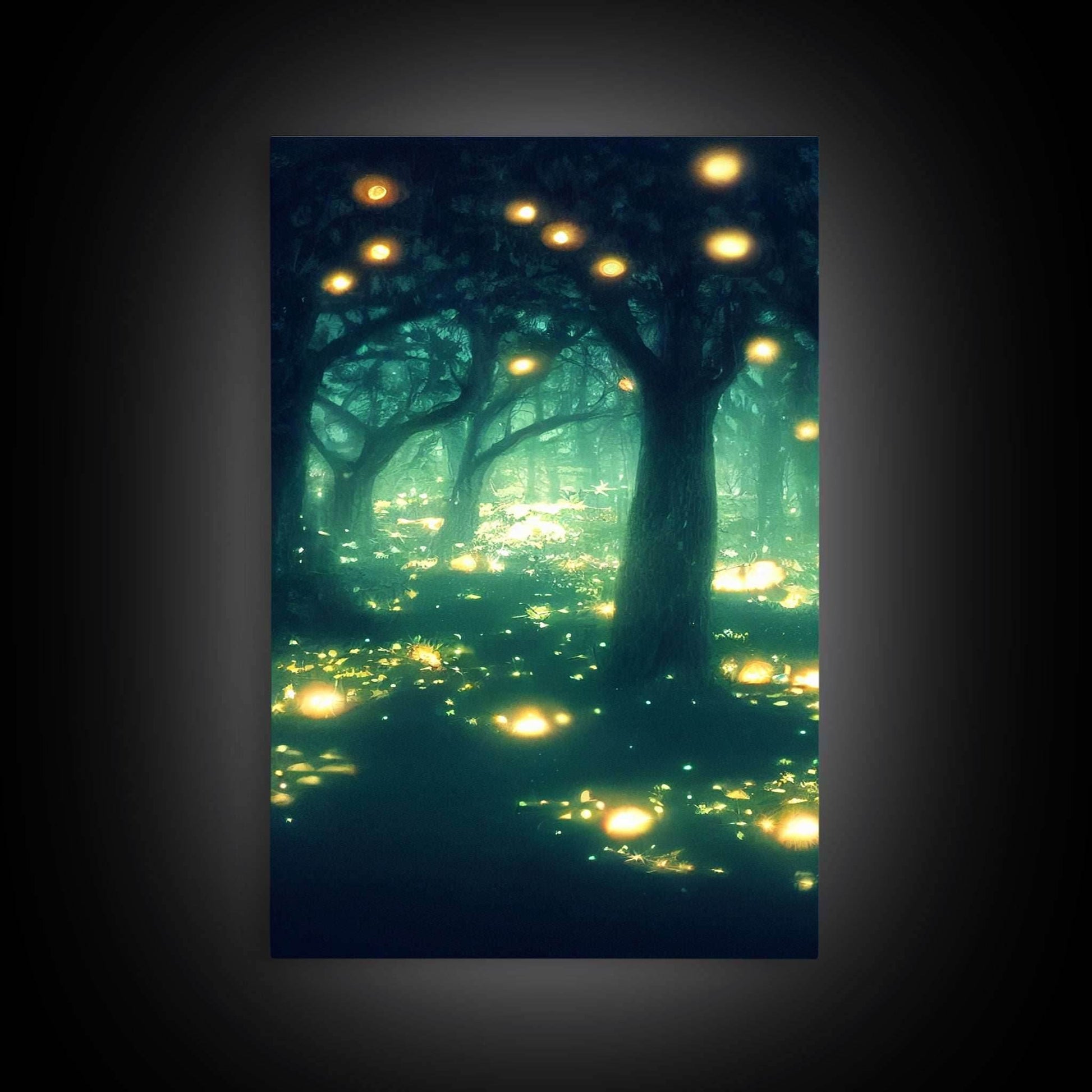 Fantasy forest wall decor, ready to hang 3 piece canvas print, 3 piece wall art, firefly wall art, Fireflies In A Fairy Forest at Night - 8x12 In. - 3 Pieces / Stretched Canvas