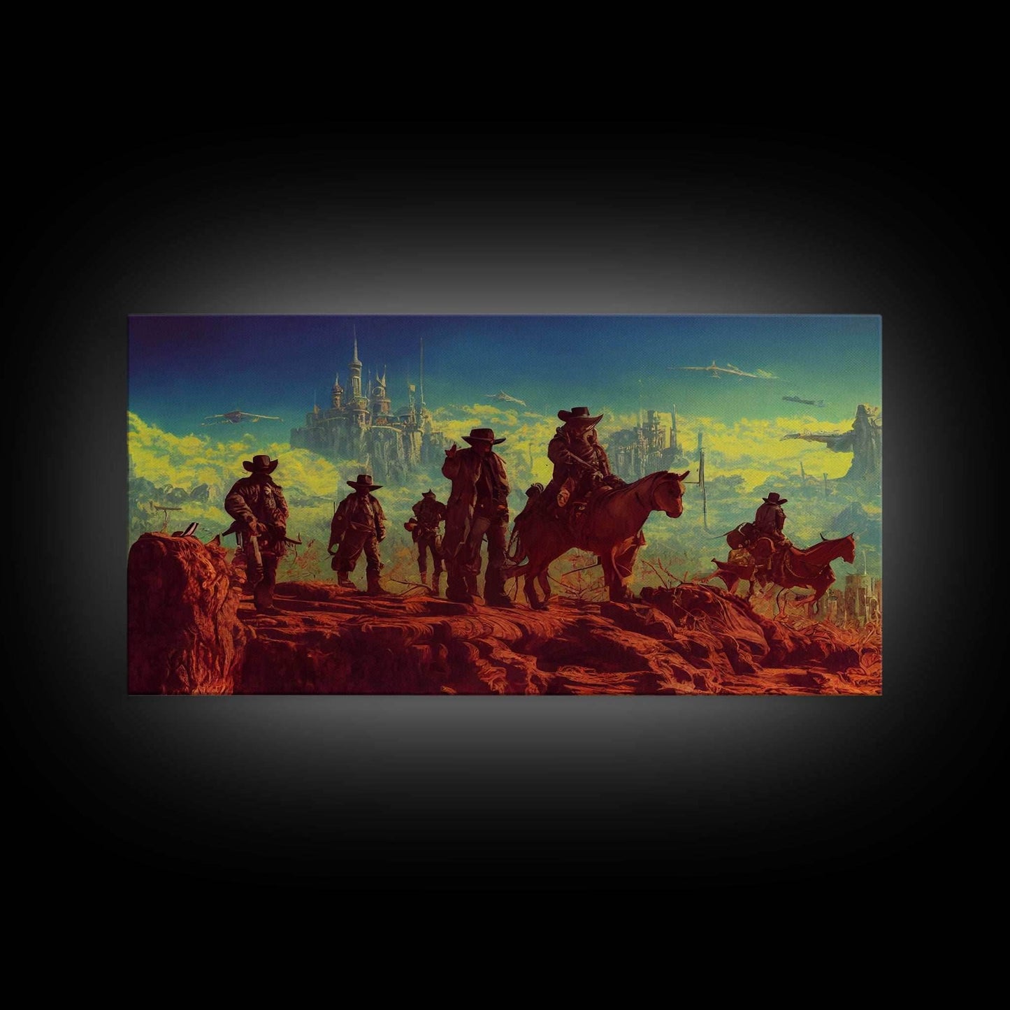 Space Cowboys, Wildwest Scifi Mashup Fantasy Art, framed canvas print, ready to hang framed wall art - 10x20 Inches / Gallery Wrap Canvas - Ready To Hang