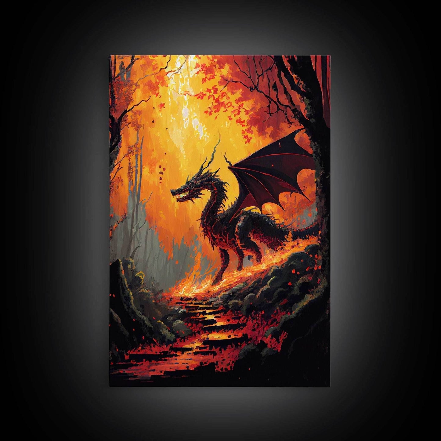 Dragon standing in a burned forest, fantasy art, fine art poster print - 8x12 Inches / Gallery Wrap Canvas - Ready To Hang