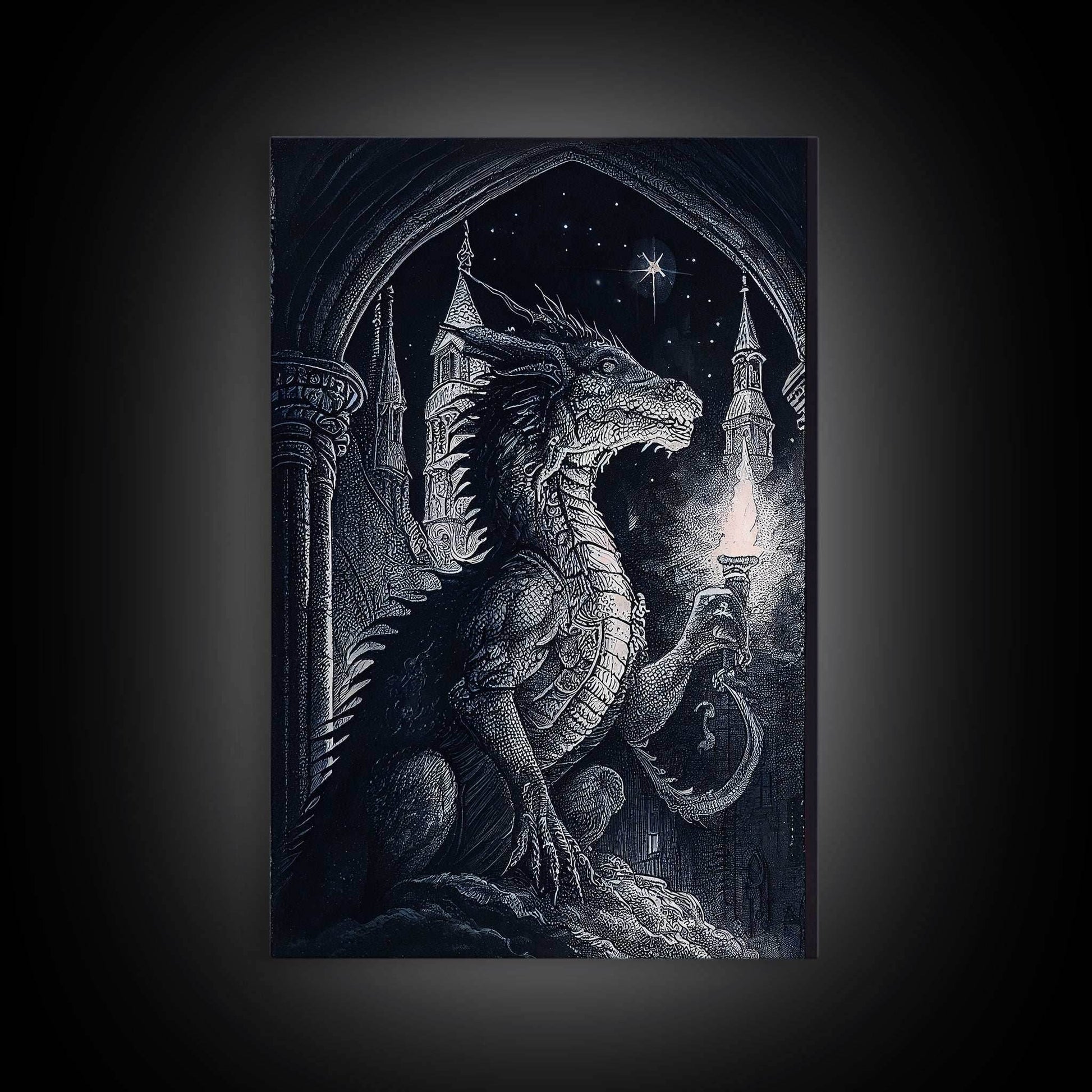 Black and white fantasy dragon, framed canvas print - 8x12 Inches / Gallery Wrap Canvas - Ready To Hang