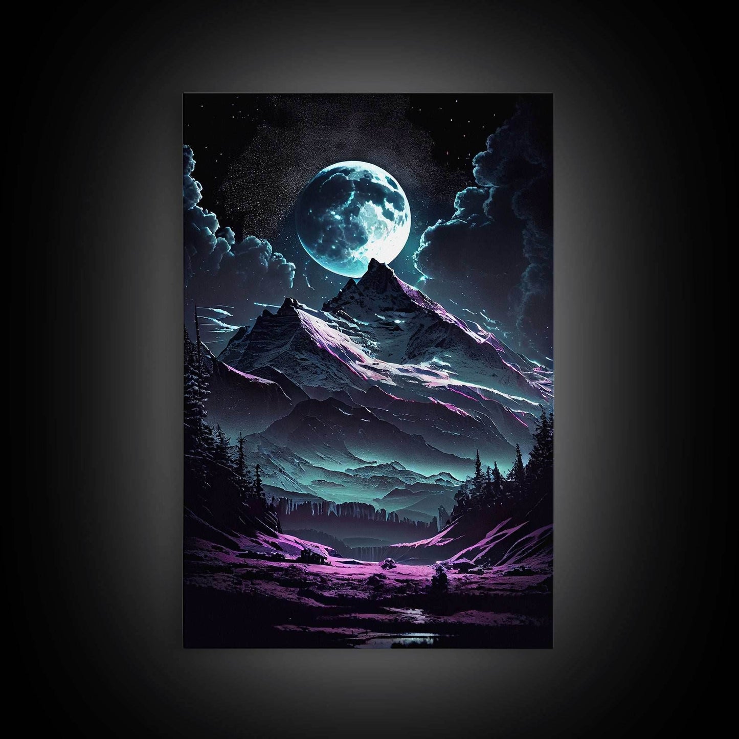Mythical mountains fantasy art, framed canvas print, full moon over a mystical mountain landscape - 8x12 Inches / Gallery Wrap Canvas - Ready To Hang