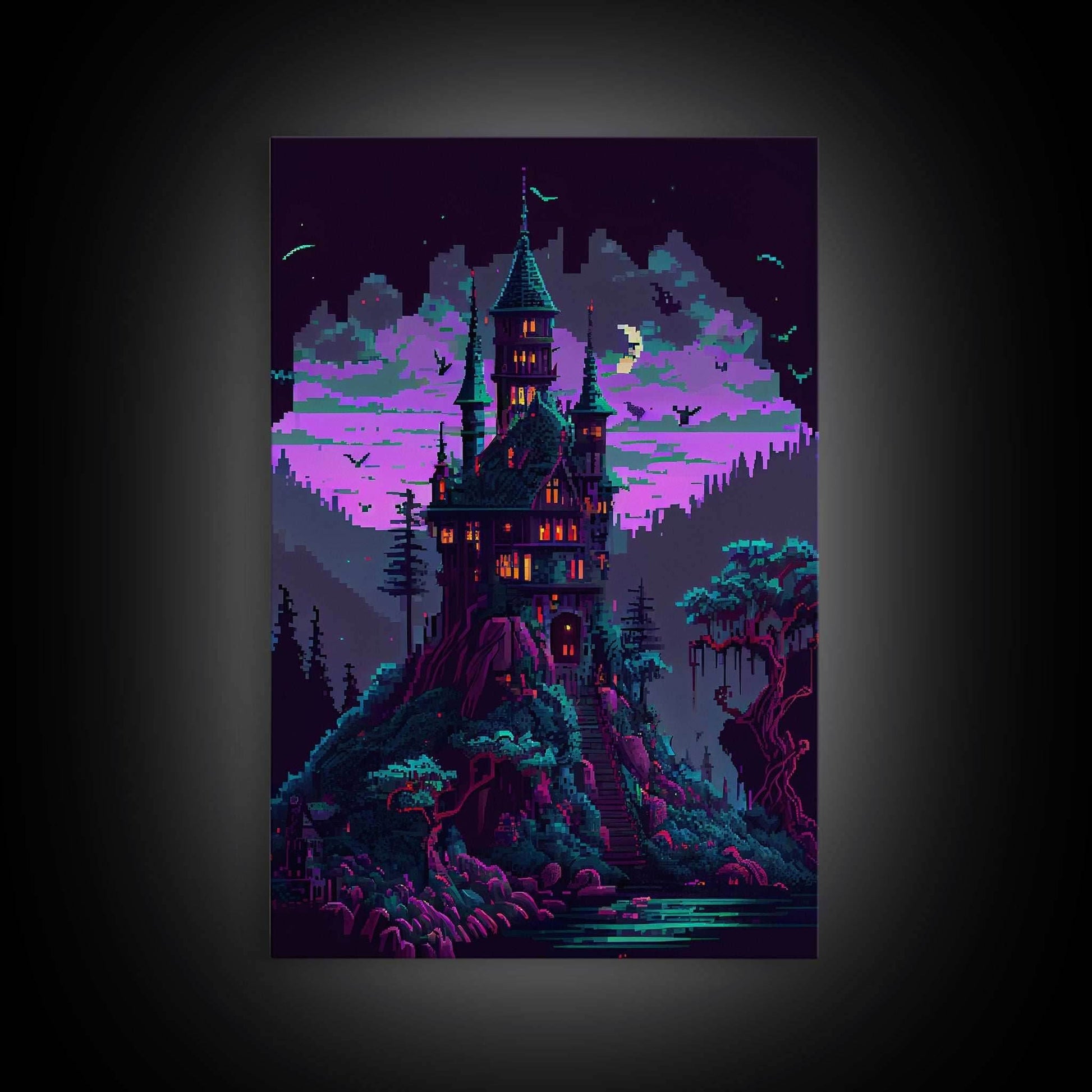 Transylvania Art, Cool Medieval castle 8 bit pixel art, fantasy art, framed canvas print, Cool castle art - 8x12 Inches / Gallery Wrap Canvas - Ready To Hang