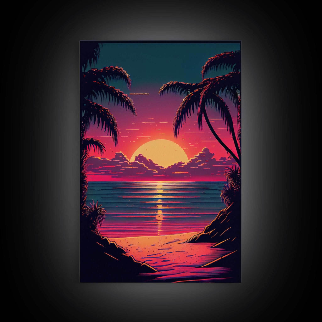 8 bit pixel art sunset, synthwave style palm tree beach, framed canvas print, framed wall art painting - 8x12 Inches / Gallery Wrap Canvas - Ready To Hang
