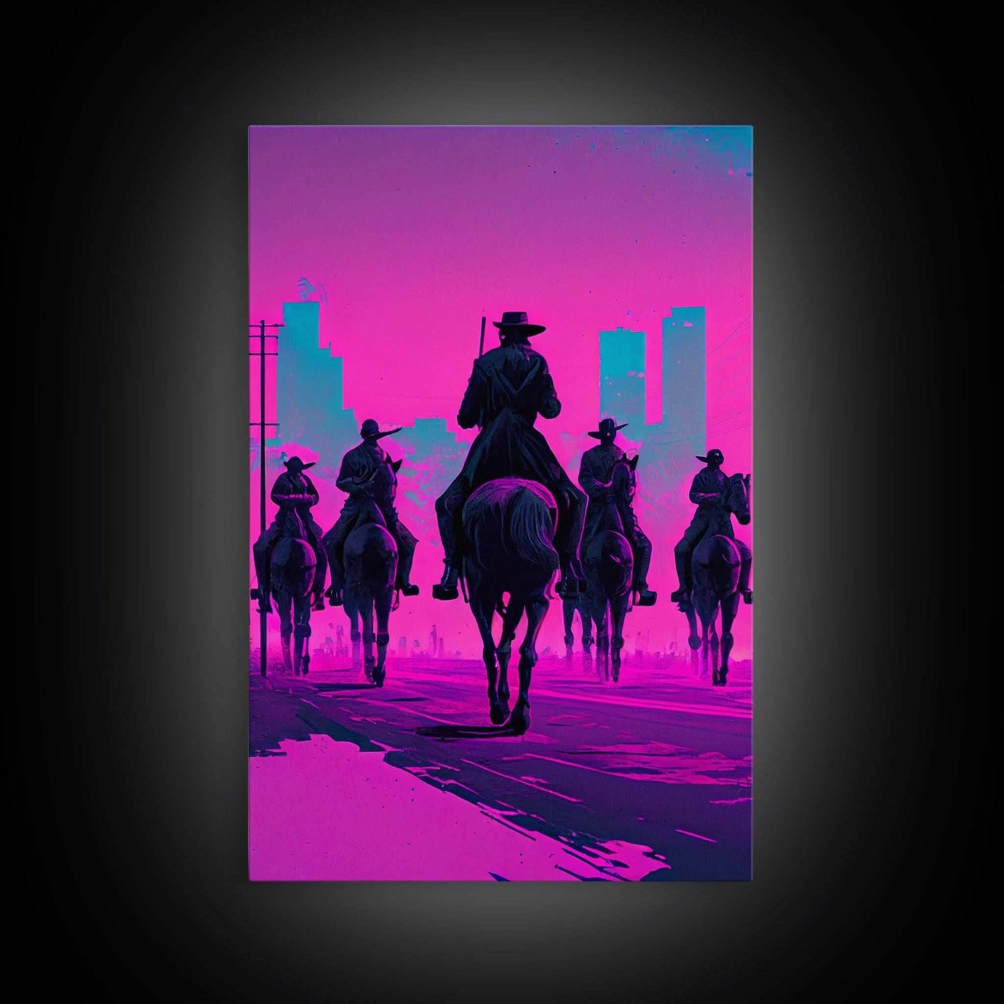 Post-Apocalyptic Cowboys, Vaporwave Aesthetic fantasy art, framed canvas print - 8x12 Inches / Gallery Wrap Canvas - Ready To Hang