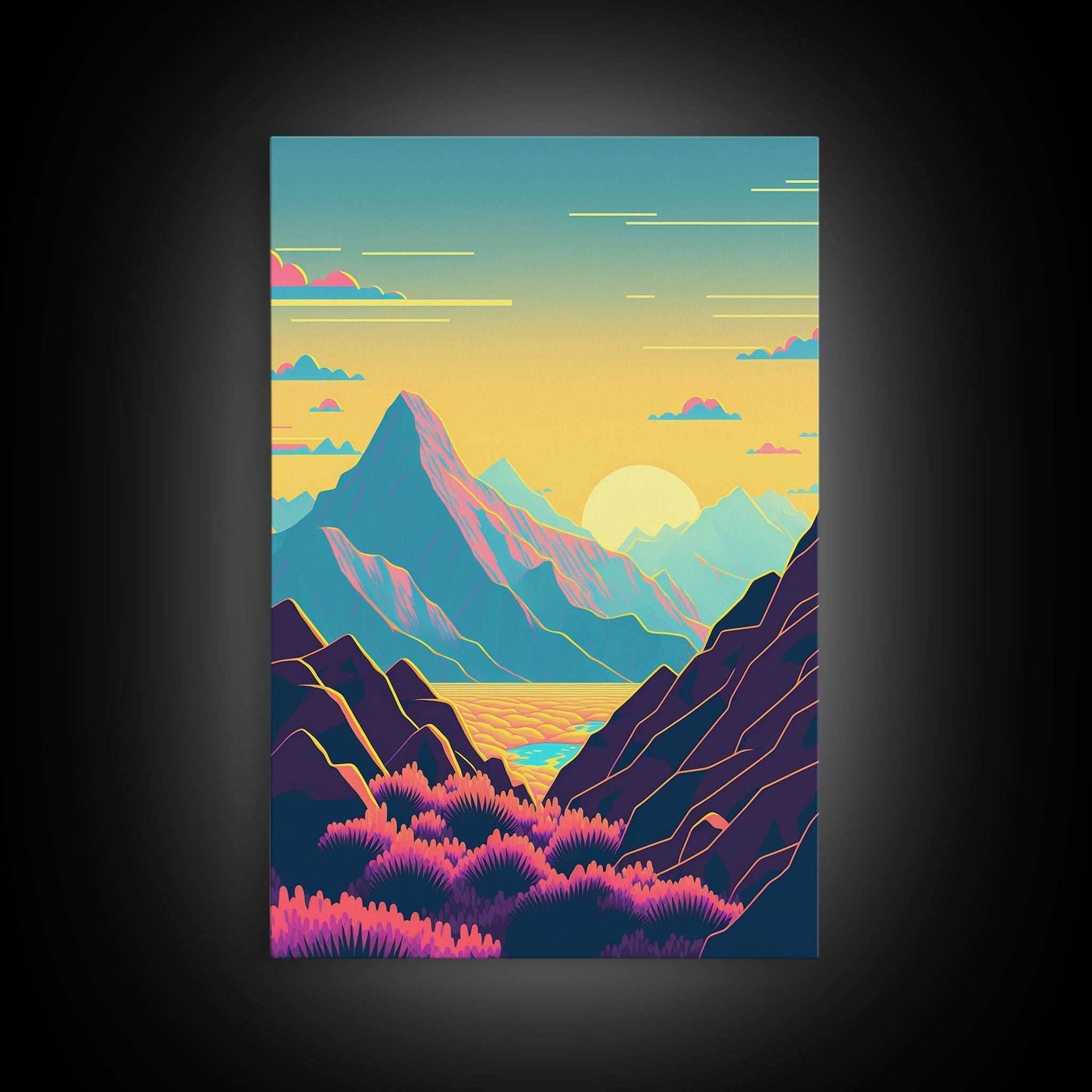 Peach Sunset, Fantasy Mountain Landscape Art, Framed Canvas Print, Minimalist Art Deco Inspired Wall Art - 8x12 Inches / Gallery Wrap Canvas - Ready To Hang