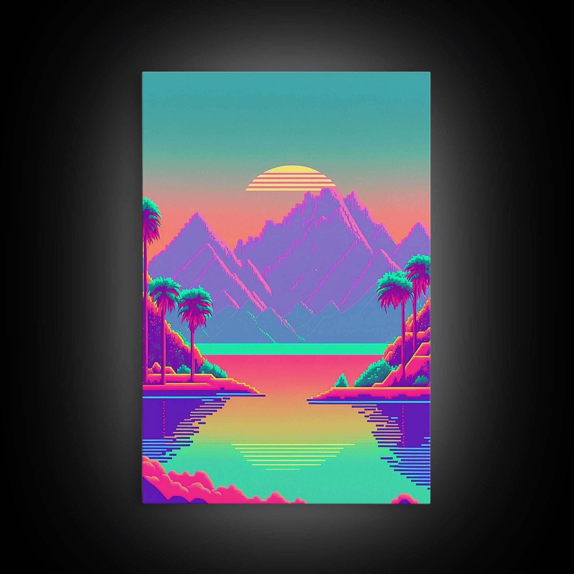 Retro Vaporwave Aesthetic Pixel Art Sunset, Turquoise and Pink Fantasy Landscape Art, Gamer Decor, Game Room Art - 8x12 Inches / Gallery Wrap Canvas - Ready To Hang