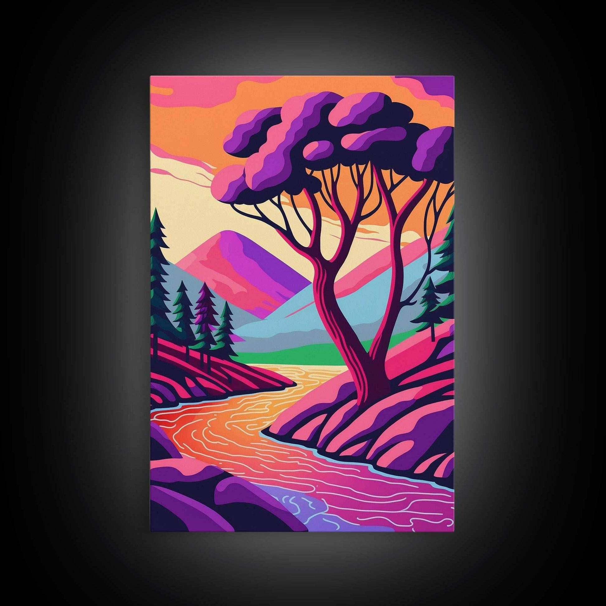 Surrealist Pop Art, Pink Fantasy Landscape Art, Framed Canvas Print - 8x12 Inches / Gallery Wrap Canvas - Ready To Hang