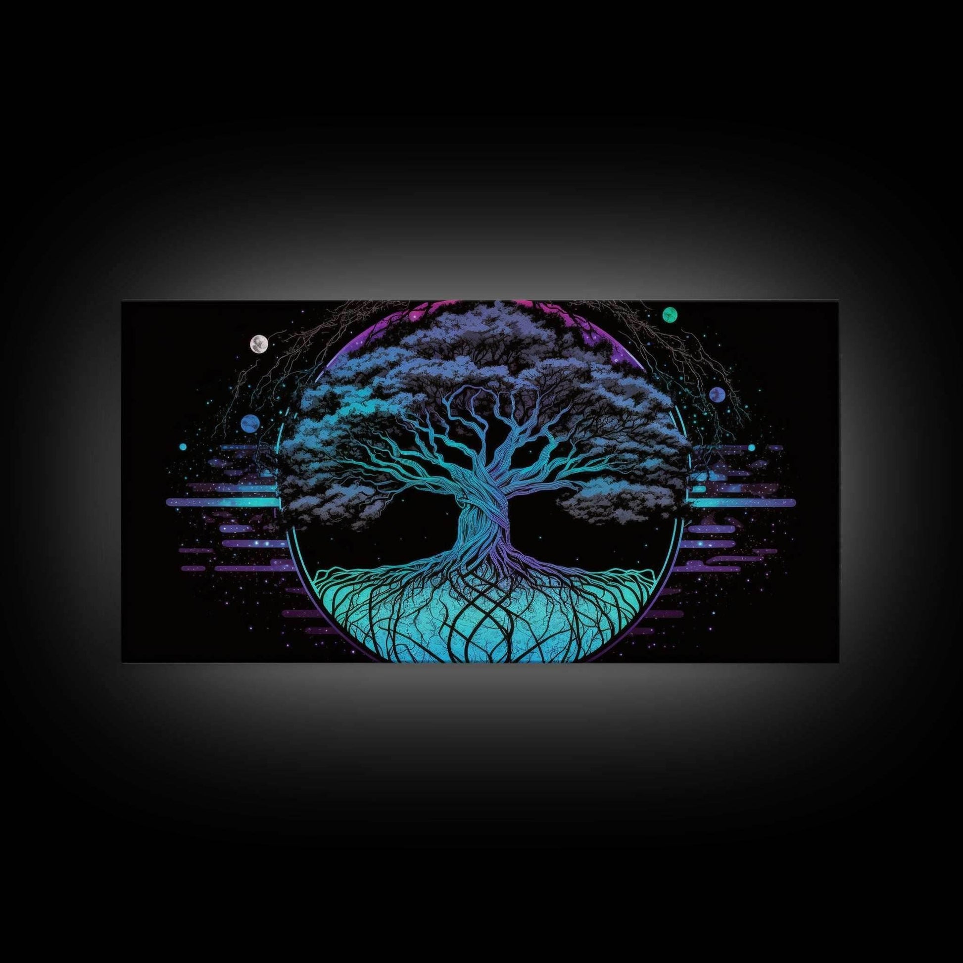 Norse Mythology Art, Synthwave Style Yggdrasil Tree of Life and the 9 Realms, Fantasy Art, Framed Canvas Print, Game Room Nordic Art - 10x20 Inches / Gallery Wrap Canvas - Ready To Hang