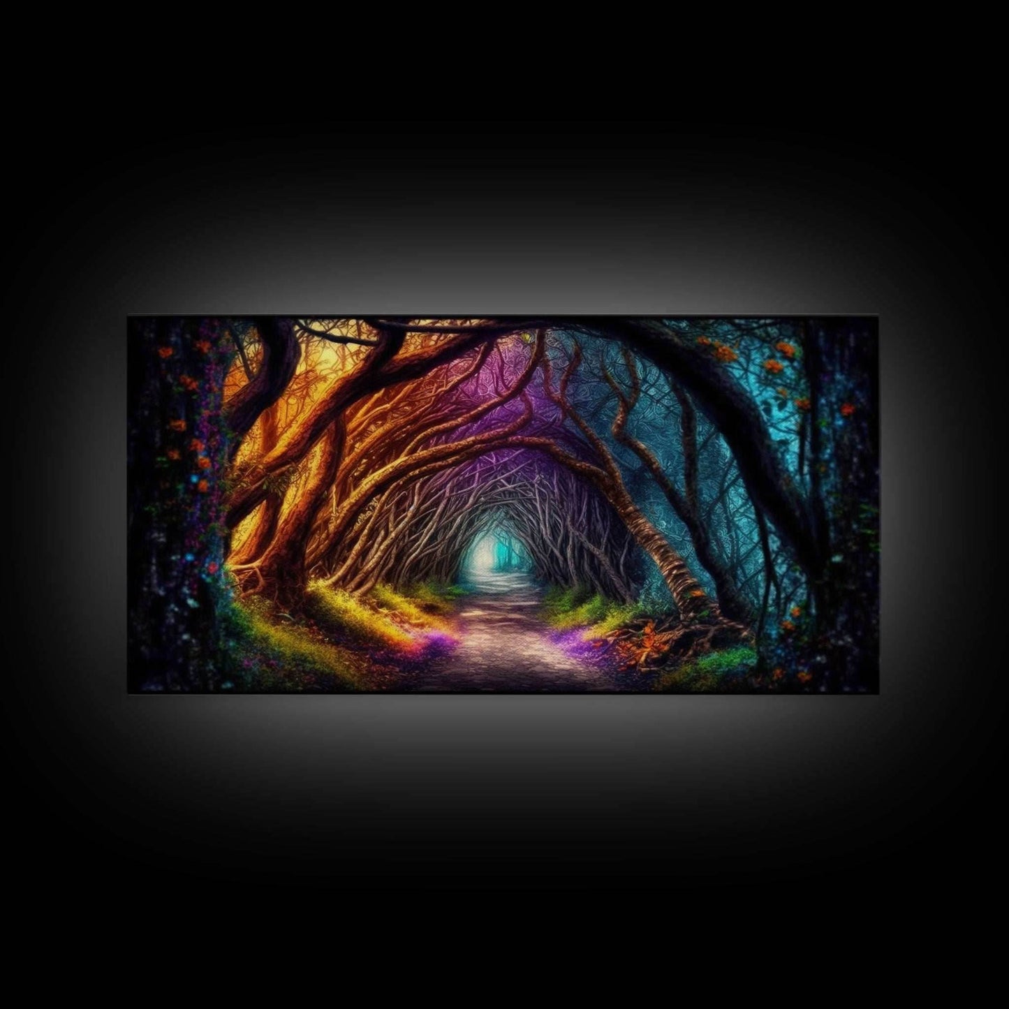 Secret Path, Fantasy Art, Pop Art Forest Landscape, Framed Canvas Print, Colorful Forest Painting, Living Room Art, Glowing Magical Forest - 10x20 Inches / Gallery Wrap Canvas - Ready To Hang