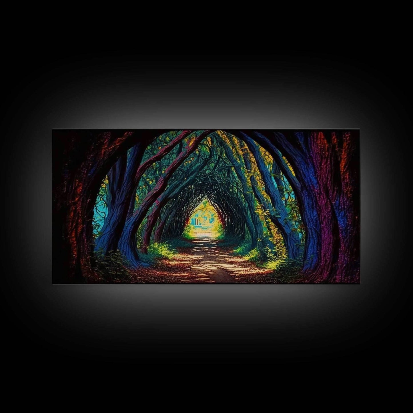 The Path through The Trees, Fantasy Art, Framed Canvas Print, RPG concept Art, Magical glowing forest - 10x20 Inches / Gallery Wrap Canvas - Ready To Hang