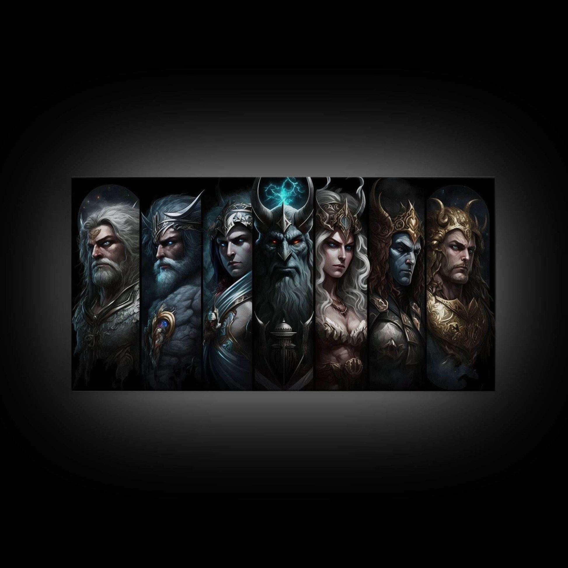 The Æsir, Aesir, Old Norse Gods, Framed Canvas Print, Norse Mythology, Scandinavian Mythology Fantasy Art - 10x20 Inches / Gallery Wrap Canvas - Ready To Hang