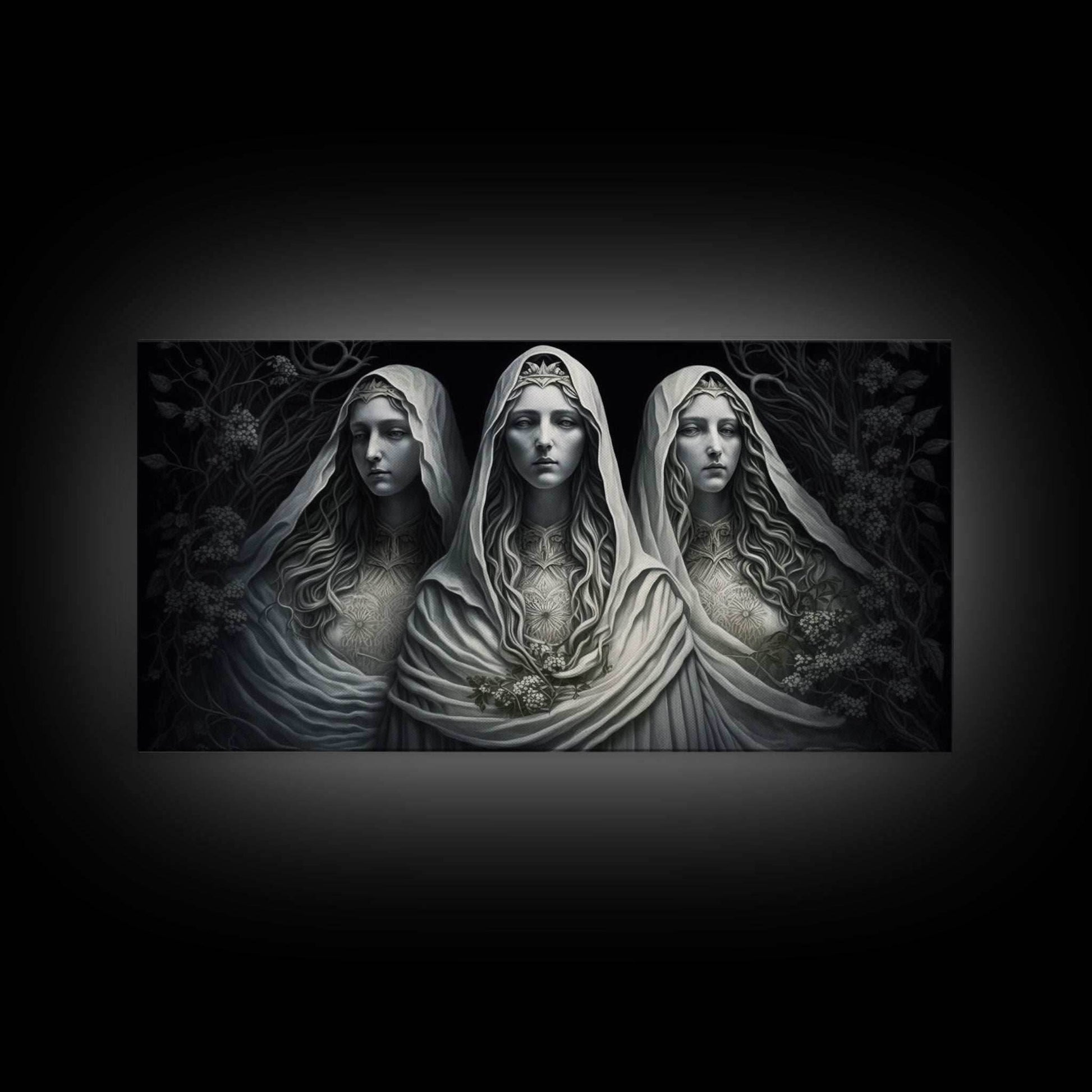 The Norns, Norse Mythology, Weavers of Fate, Framed Canvas Print, Urðr, Verðandi, and Skuld, Black and White Norse Fantasy Art - 10x20 Inches / Gallery Wrap Canvas - Ready To Hang