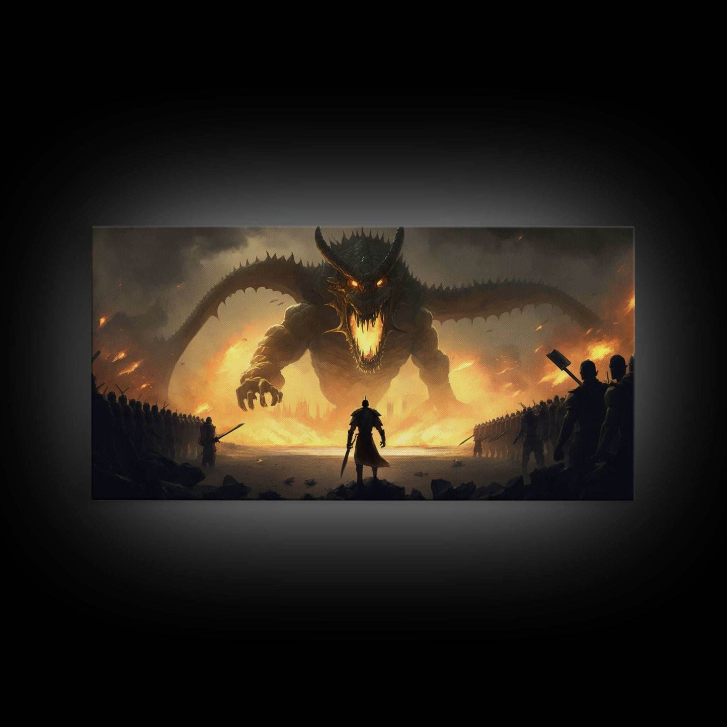 Warrior Facing Down a Dragon, Framed Canvas Print, Unique Fantasy Wall Art, In The Time of Dragons - 10x20 Inches / Gallery Wrap Canvas - Ready To Hang