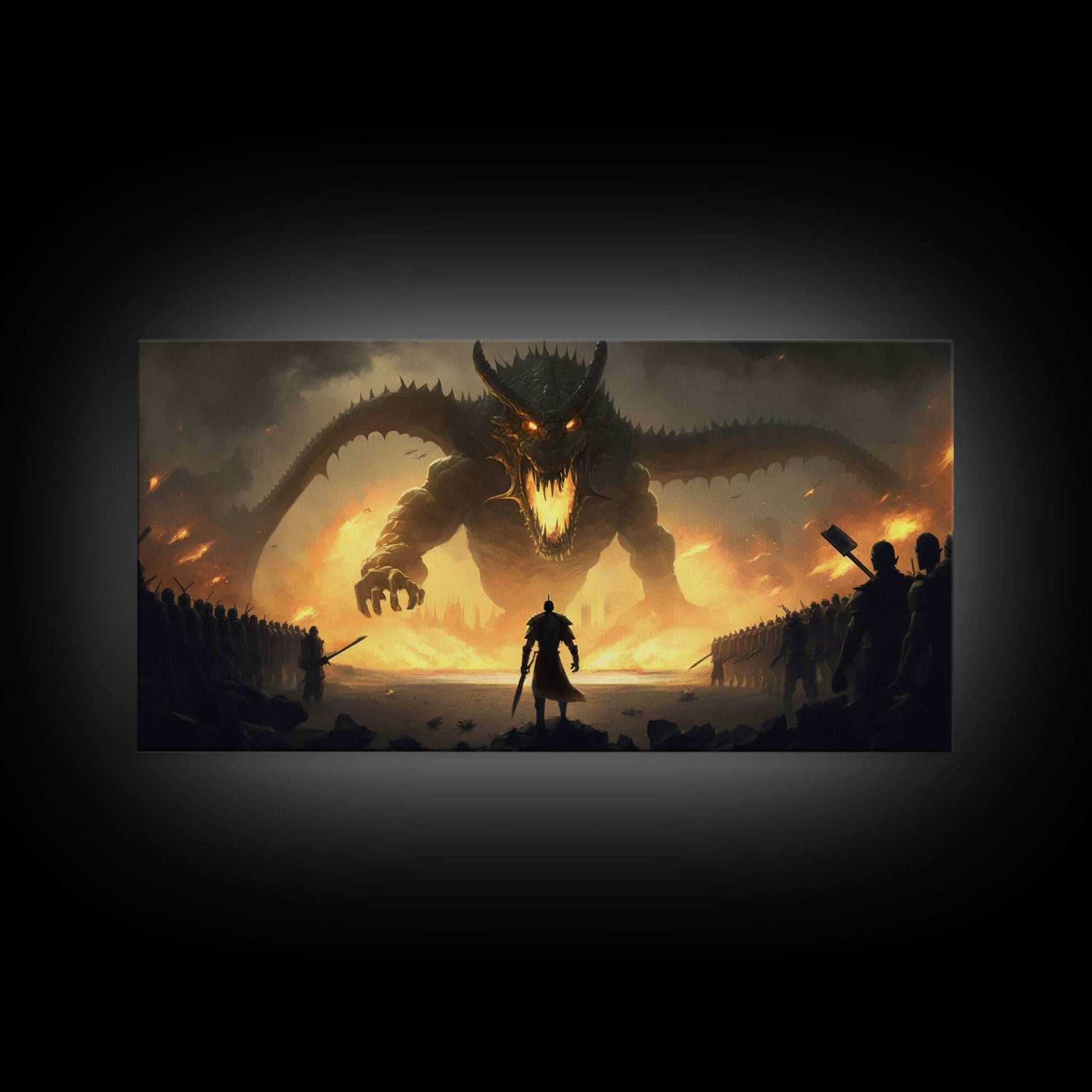 Warrior Facing Down a Dragon, Framed Canvas Print, Unique Fantasy Wall Art, In The Time of Dragons - 10x20 Inches / Gallery Wrap Canvas - Ready To Hang