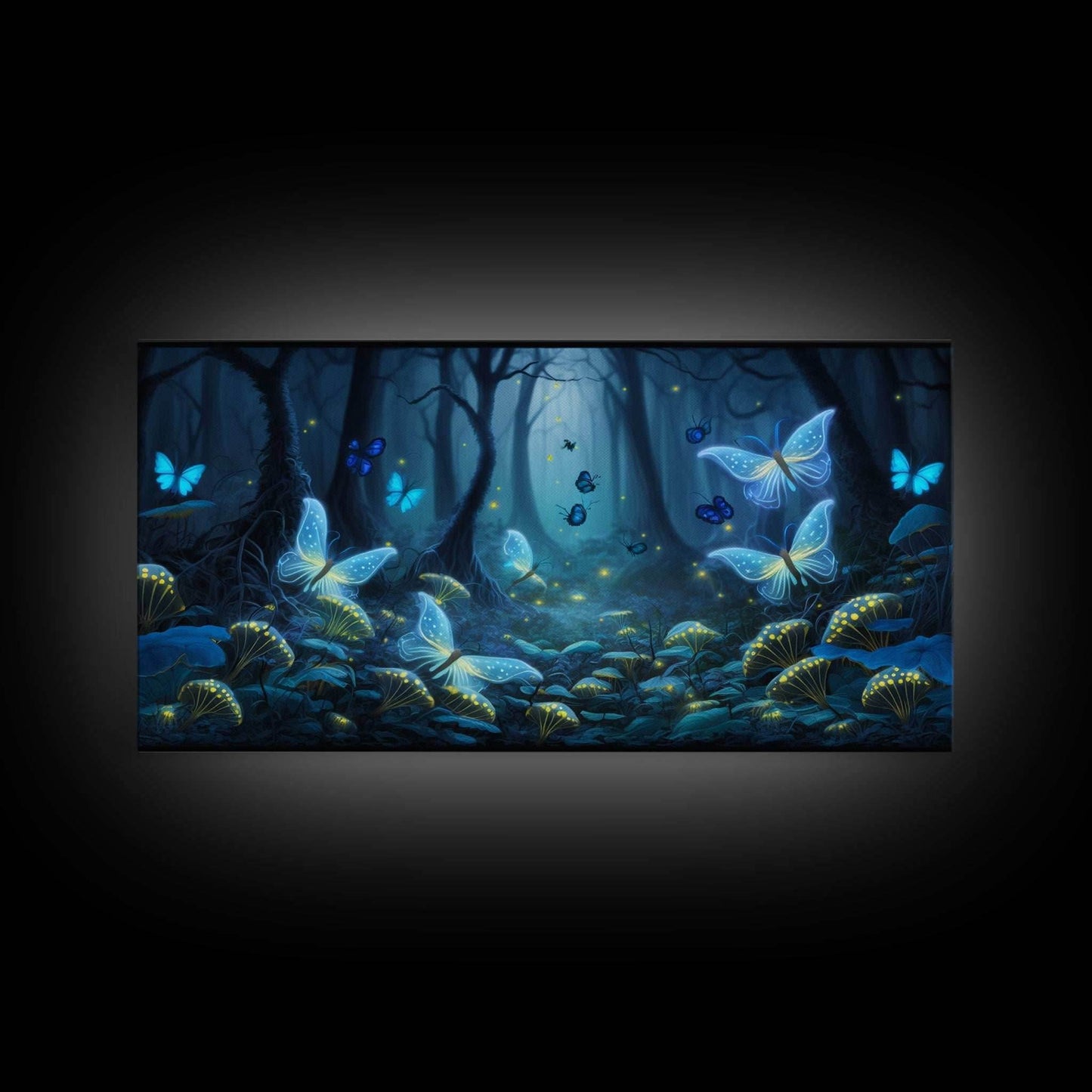 Magical Enchanted Fairy Forest, Fantasy Art, Framed Canvas Print, Bioluminescent Butterflies in an Enchanted Forest, Glowing Art - 10x20 Inches / Gallery Wrap Canvas - Ready To Hang