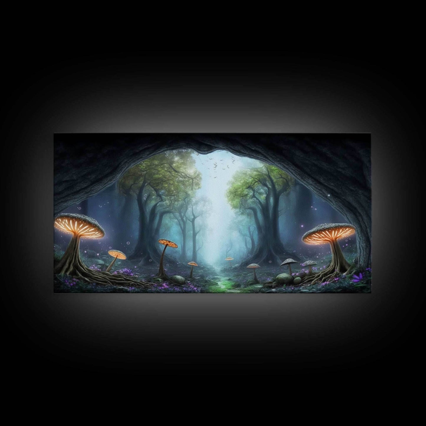 Magical Enchanted Mushroom Forest, Fantasy Art, Framed Canvas Print, Bioluminescent Butterflies in an Enchanted Forest, Glowing Art - 10x20 Inches / Gallery Wrap Canvas - Ready To Hang